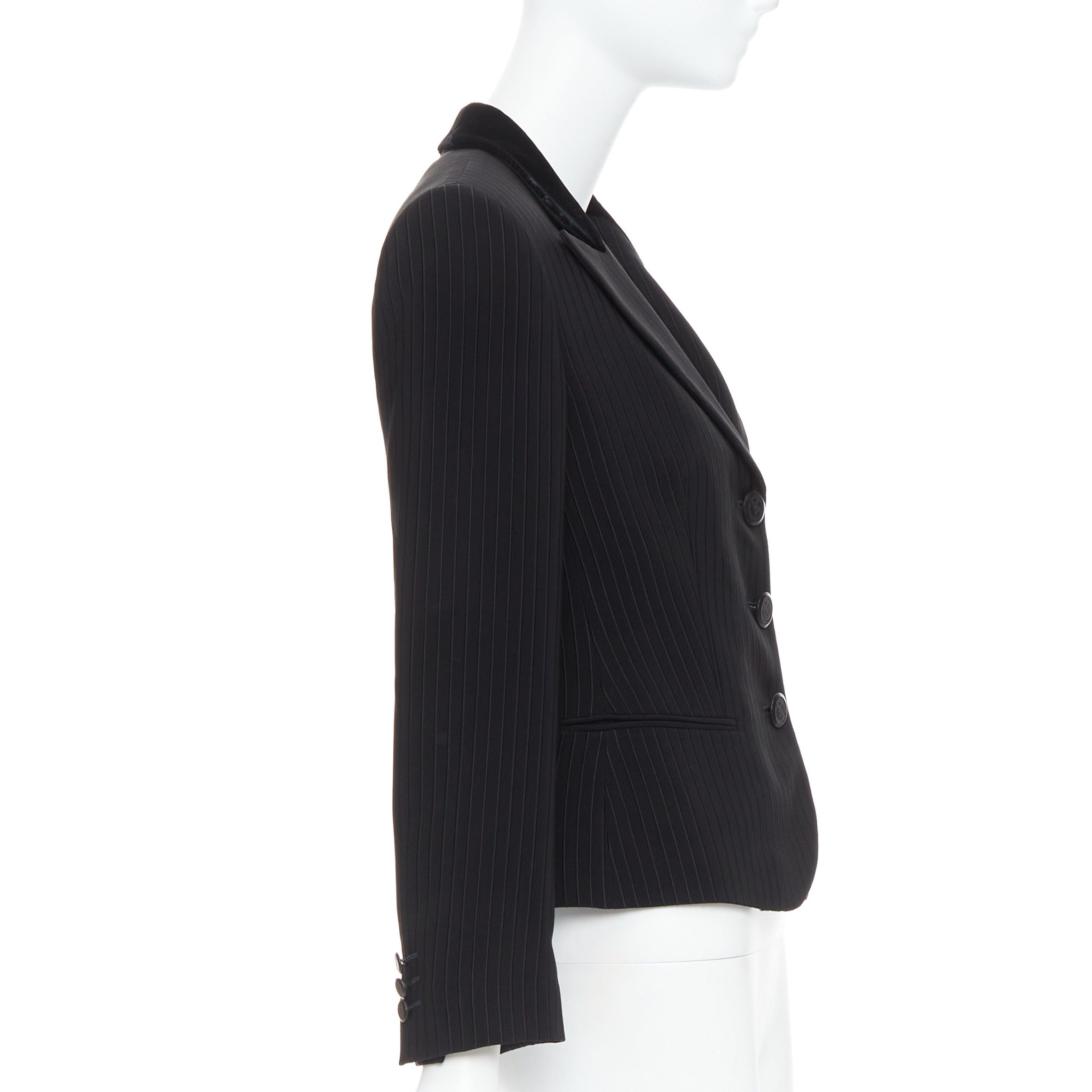 Giorgio Armani GIORGIO ARMANI black pinstripe velvet trim cropped tuxedo blazer IT40 S Size S / US 4 / IT 40 - 5 Thumbnail