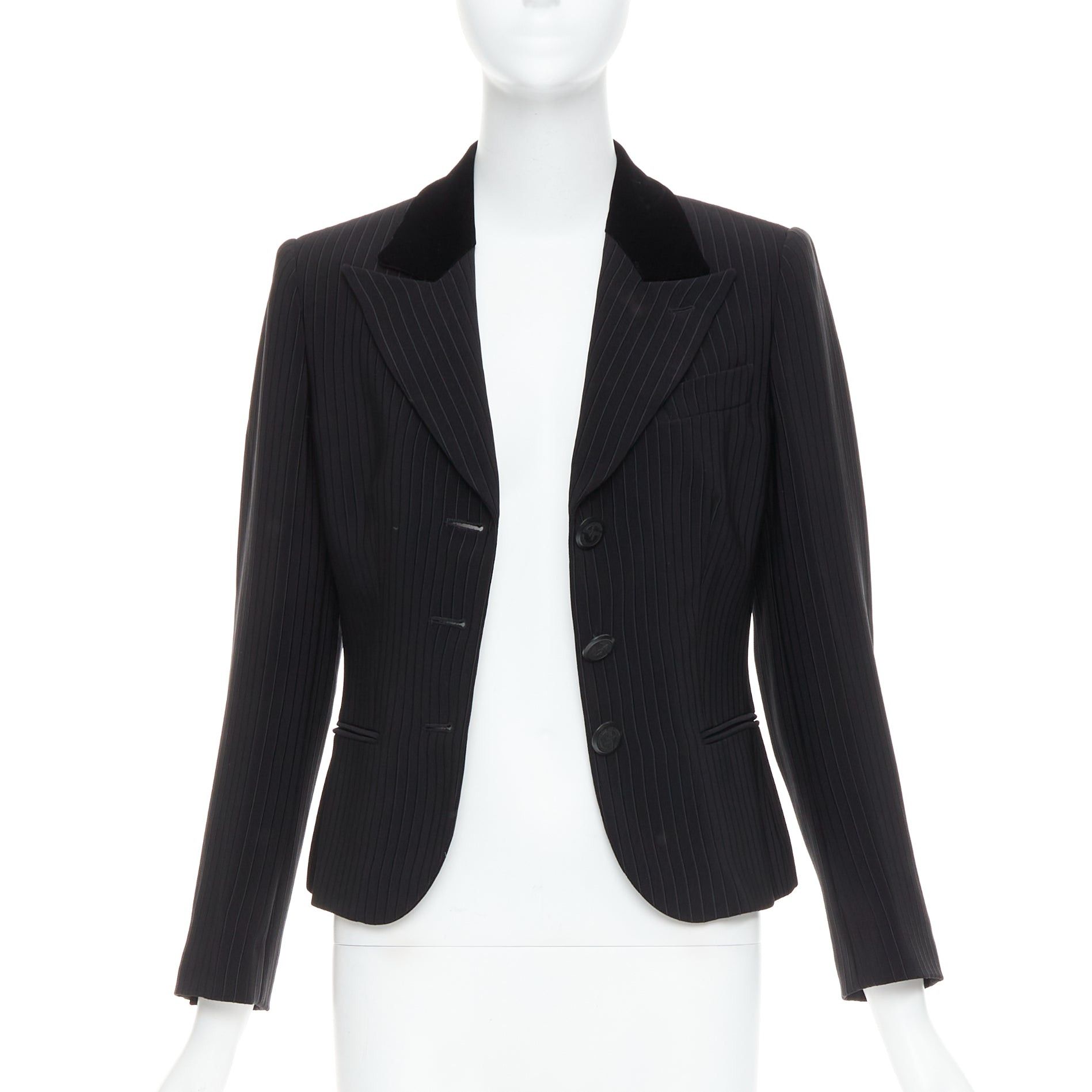 Giorgio Armani GIORGIO ARMANI black pinstripe velvet trim cropped tuxedo blazer IT40 S Size S / US 4 / IT 40 - 3 Thumbnail