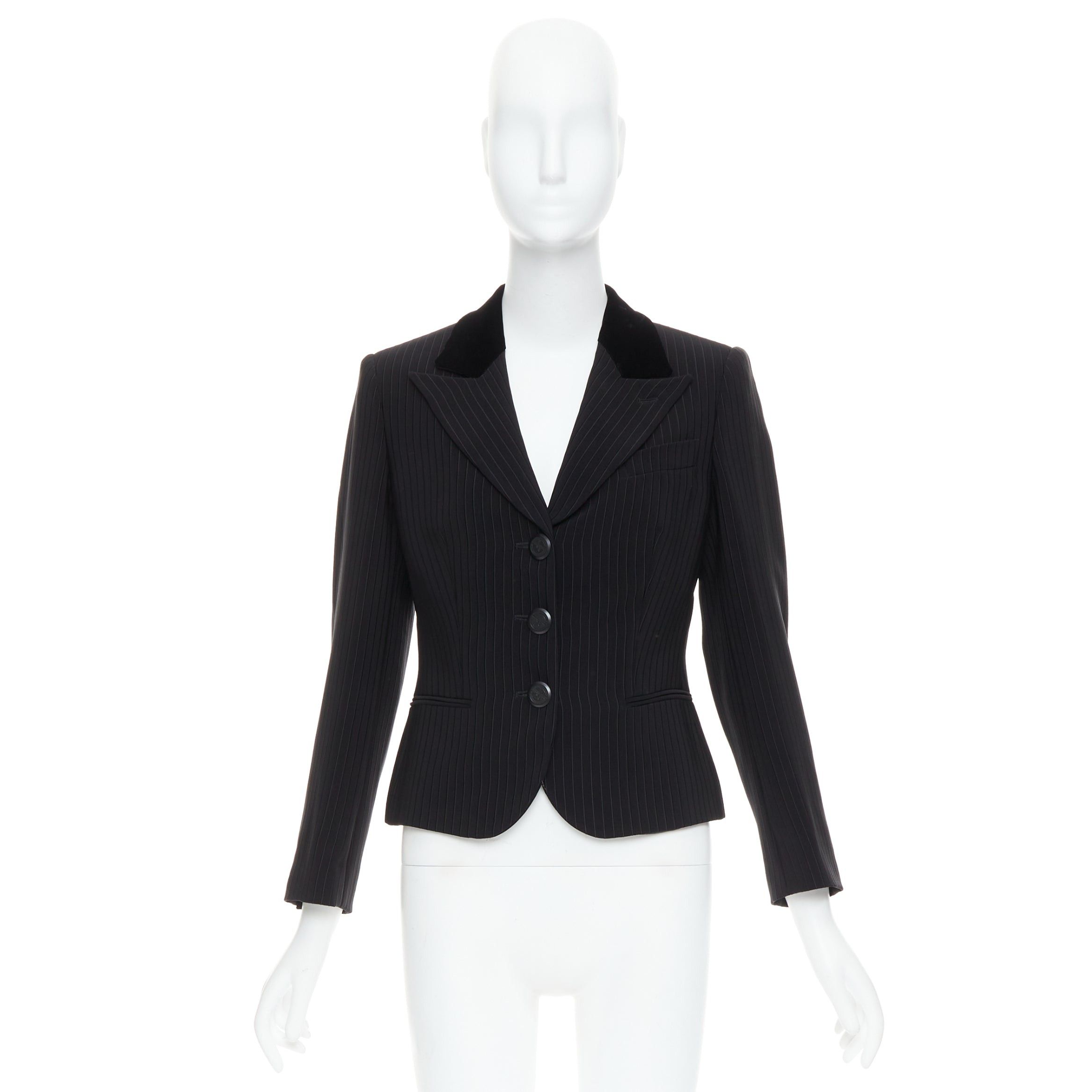 Giorgio Armani GIORGIO ARMANI black pinstripe velvet trim cropped tuxedo blazer IT40 S Size S / US 4 / IT 40 - 10 Thumbnail