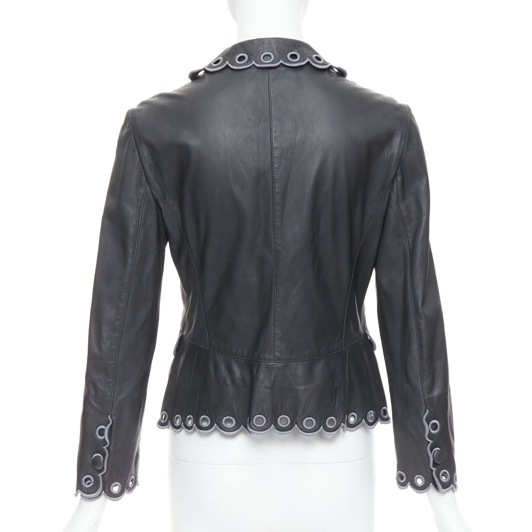 Emporio Armani EMPORIO ARMANI 2009 black lambskin grey embroidered scalloped trim crop jacket IT40 S Size S / US 4 / IT 40 - 6 Thumbnail