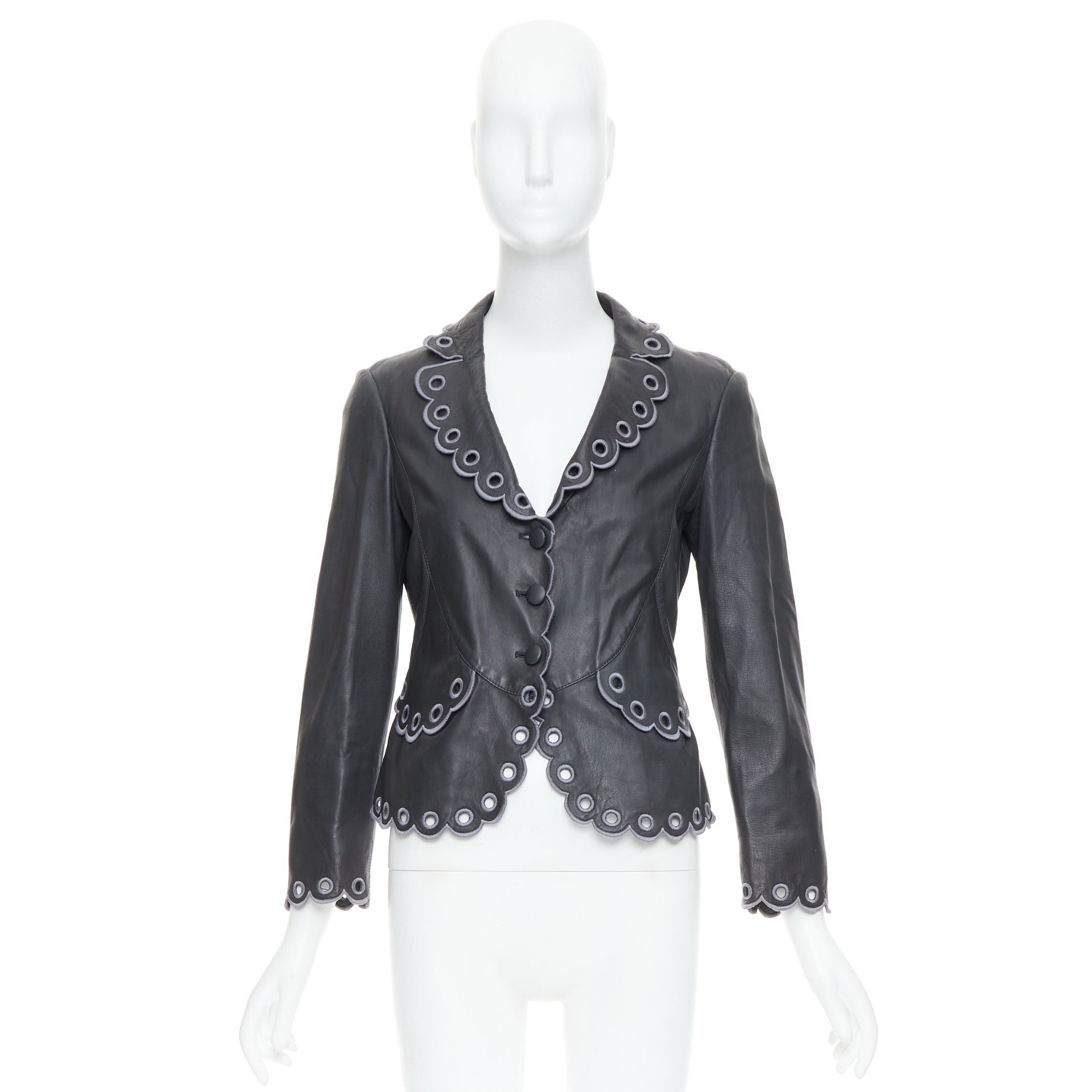 Emporio Armani EMPORIO ARMANI 2009 black lambskin grey embroidered scalloped trim crop jacket IT40 S Size S / US 4 / IT 40 - 10 Thumbnail