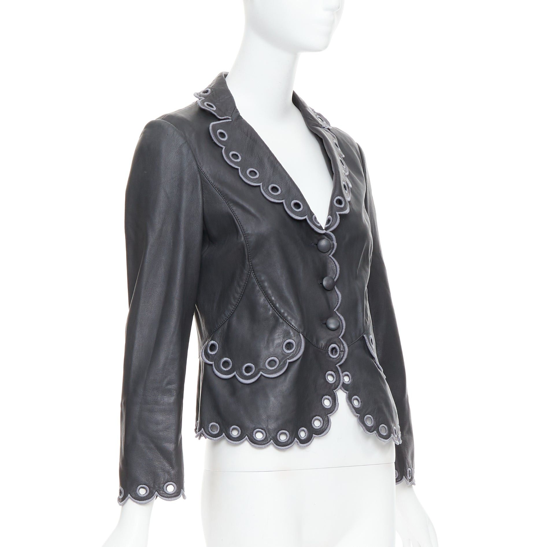 Emporio Armani EMPORIO ARMANI 2009 black lambskin grey embroidered scalloped trim crop jacket IT40 S Size S / US 4 / IT 40 - 4 Thumbnail