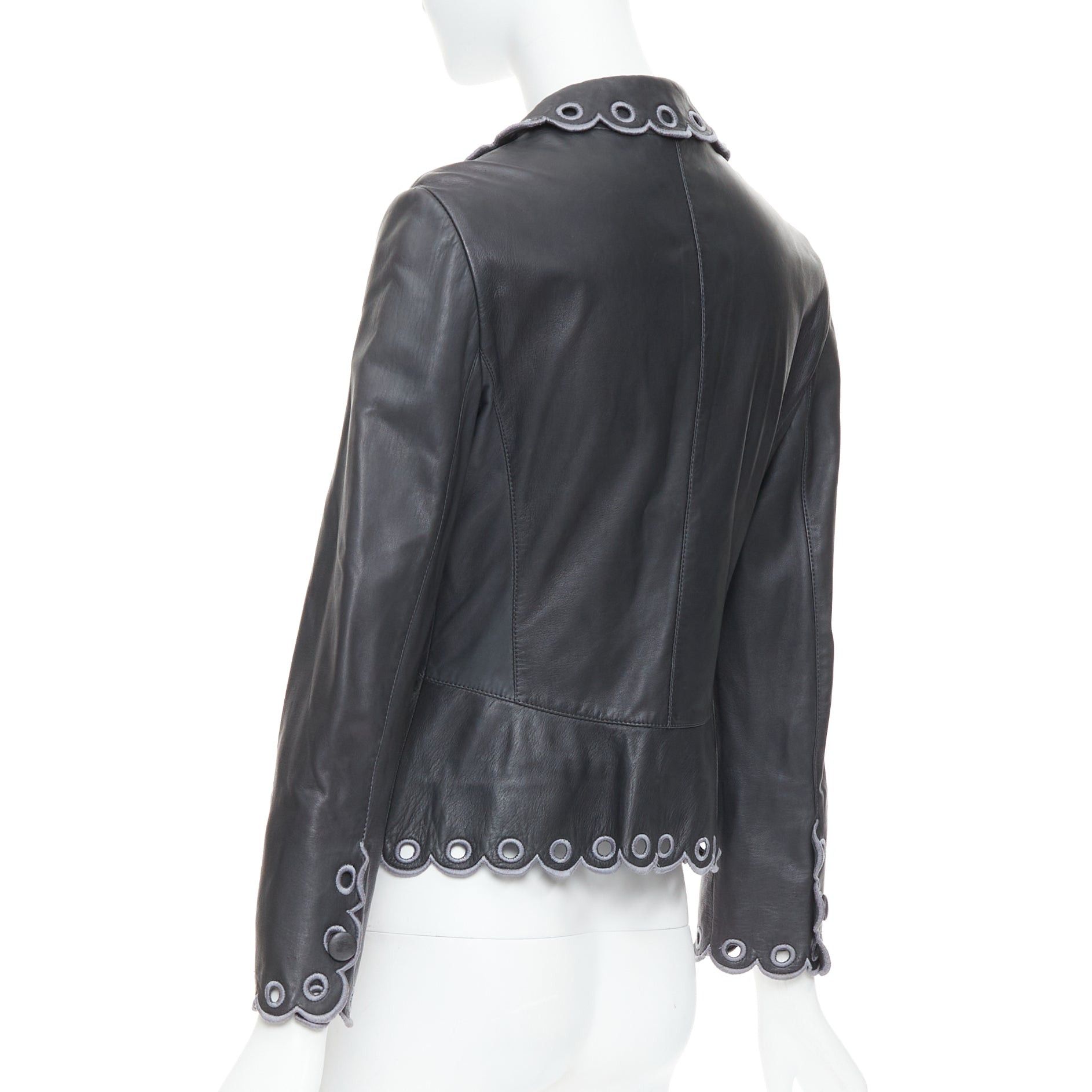Emporio Armani EMPORIO ARMANI 2009 black lambskin grey embroidered scalloped trim crop jacket IT40 S Size S / US 4 / IT 40 - 7 Thumbnail