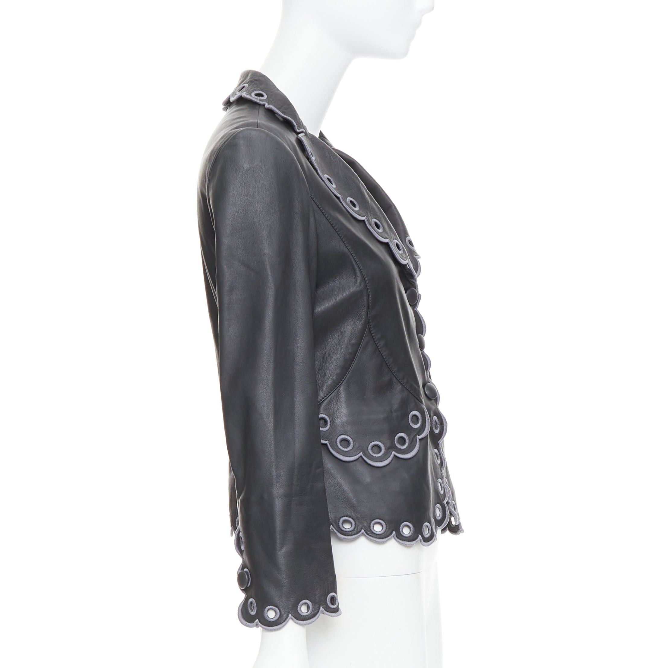 Emporio Armani EMPORIO ARMANI 2009 black lambskin grey embroidered scalloped trim crop jacket IT40 S Size S / US 4 / IT 40 - 5 Thumbnail