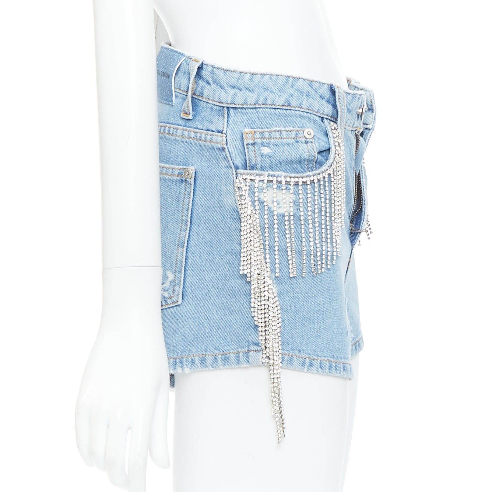 Chiara Ferragni CHIARA FERRAGNI blue crystal fringe distressed denim short shorts XS Size 27" / US 4 / IT 40 - 4 Thumbnail