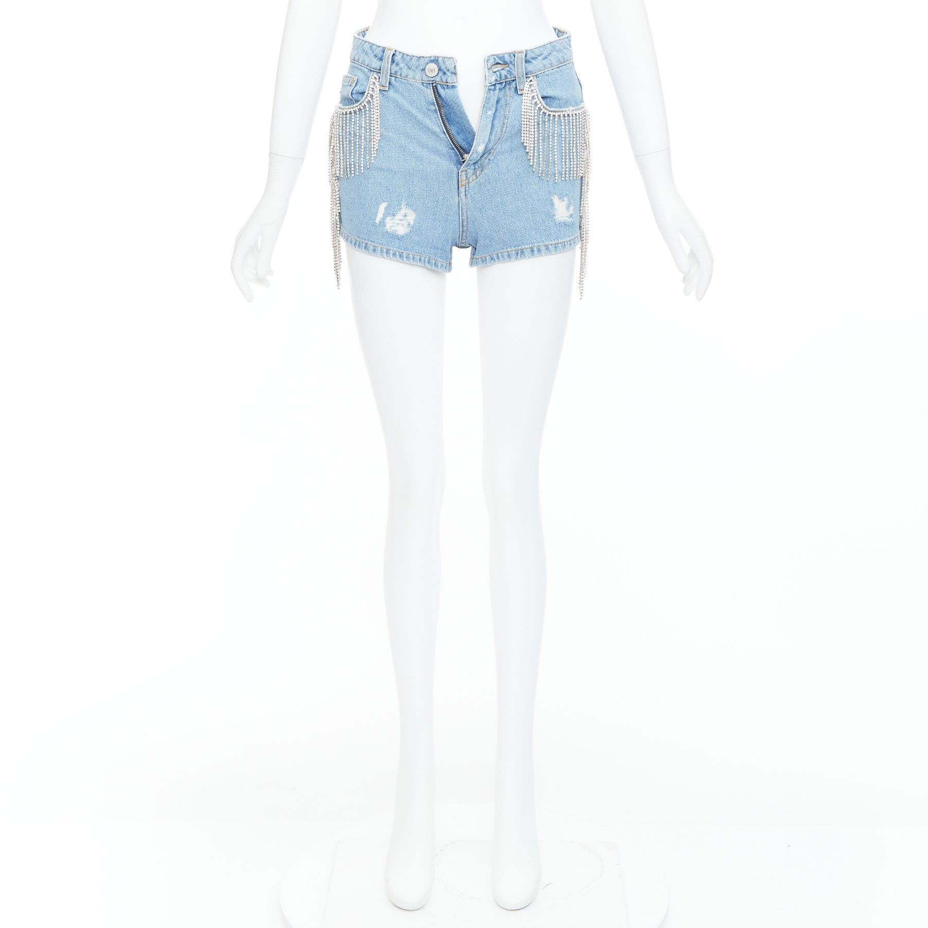 Chiara Ferragni CHIARA FERRAGNI blue crystal fringe distressed denim short shorts XS Size 27" / US 4 / IT 40 - 9 Thumbnail