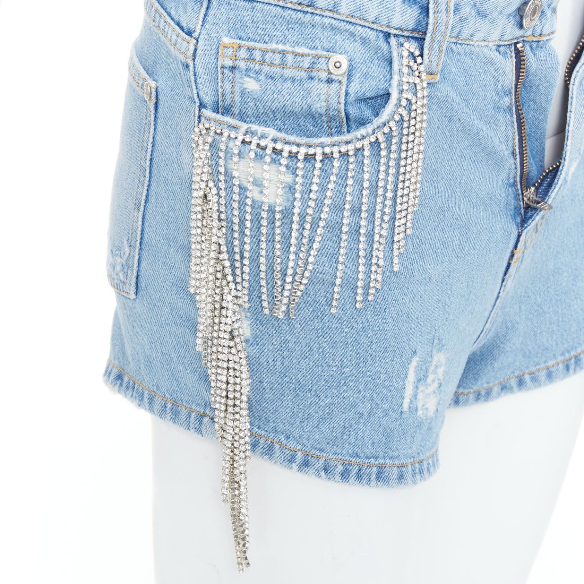 Chiara Ferragni CHIARA FERRAGNI blue crystal fringe distressed denim short shorts XS Size 27" / US 4 / IT 40 - 7 Thumbnail