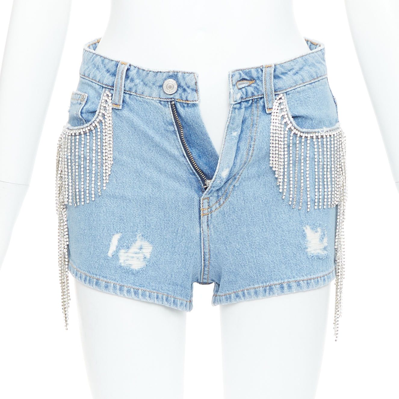 Chiara Ferragni CHIARA FERRAGNI blue crystal fringe distressed denim short shorts XS Size 27" / US 4 / IT 40 - 3 Thumbnail