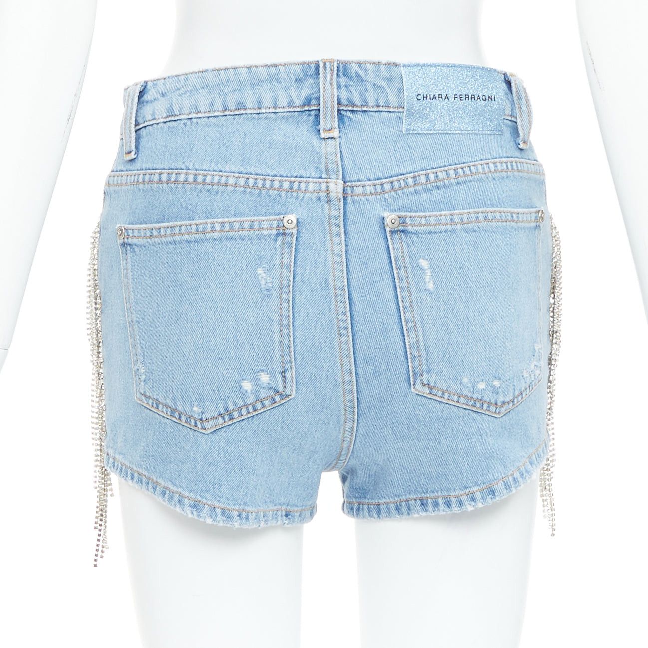 Chiara Ferragni CHIARA FERRAGNI blue crystal fringe distressed denim short shorts XS Size 27" / US 4 / IT 40 - 5 Thumbnail