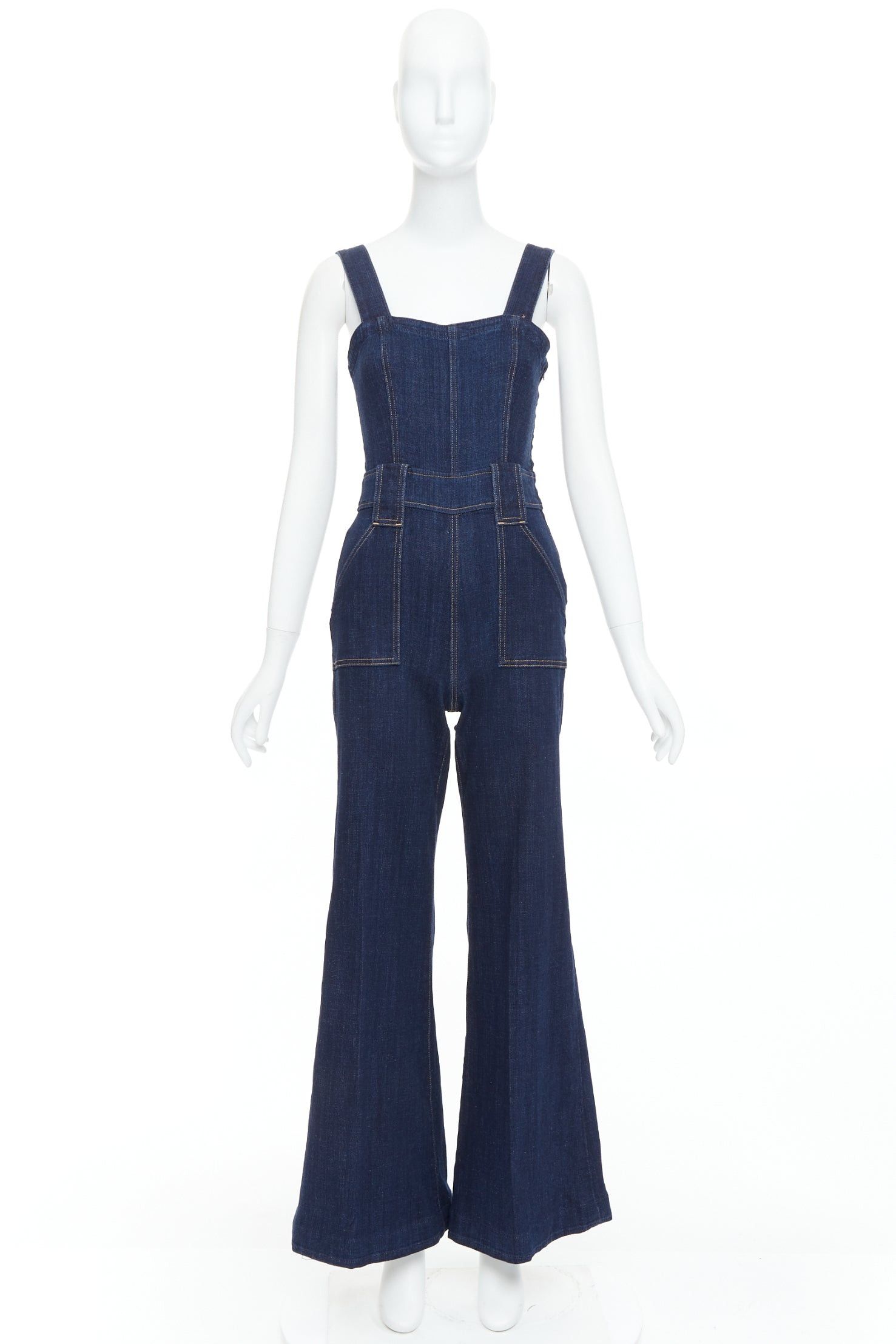 7 For All Mankind 7 FOR ALL MANKIND indigo blue denim wide flare dungaree jumpsuit XS Size 27" / US 4 / IT 40 - 9 Thumbnail