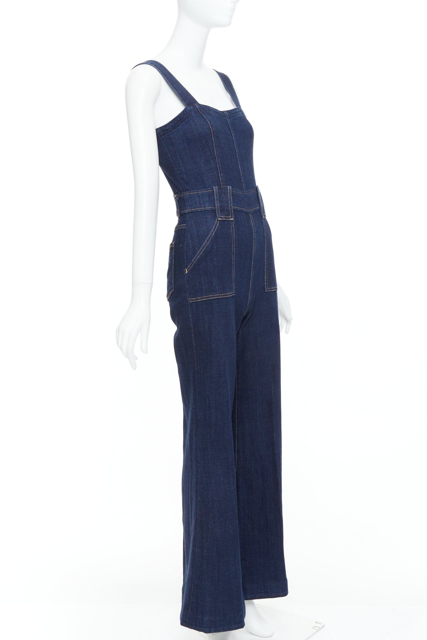 7 For All Mankind 7 FOR ALL MANKIND indigo blue denim wide flare dungaree jumpsuit XS Size 27" / US 4 / IT 40 - 3 Thumbnail