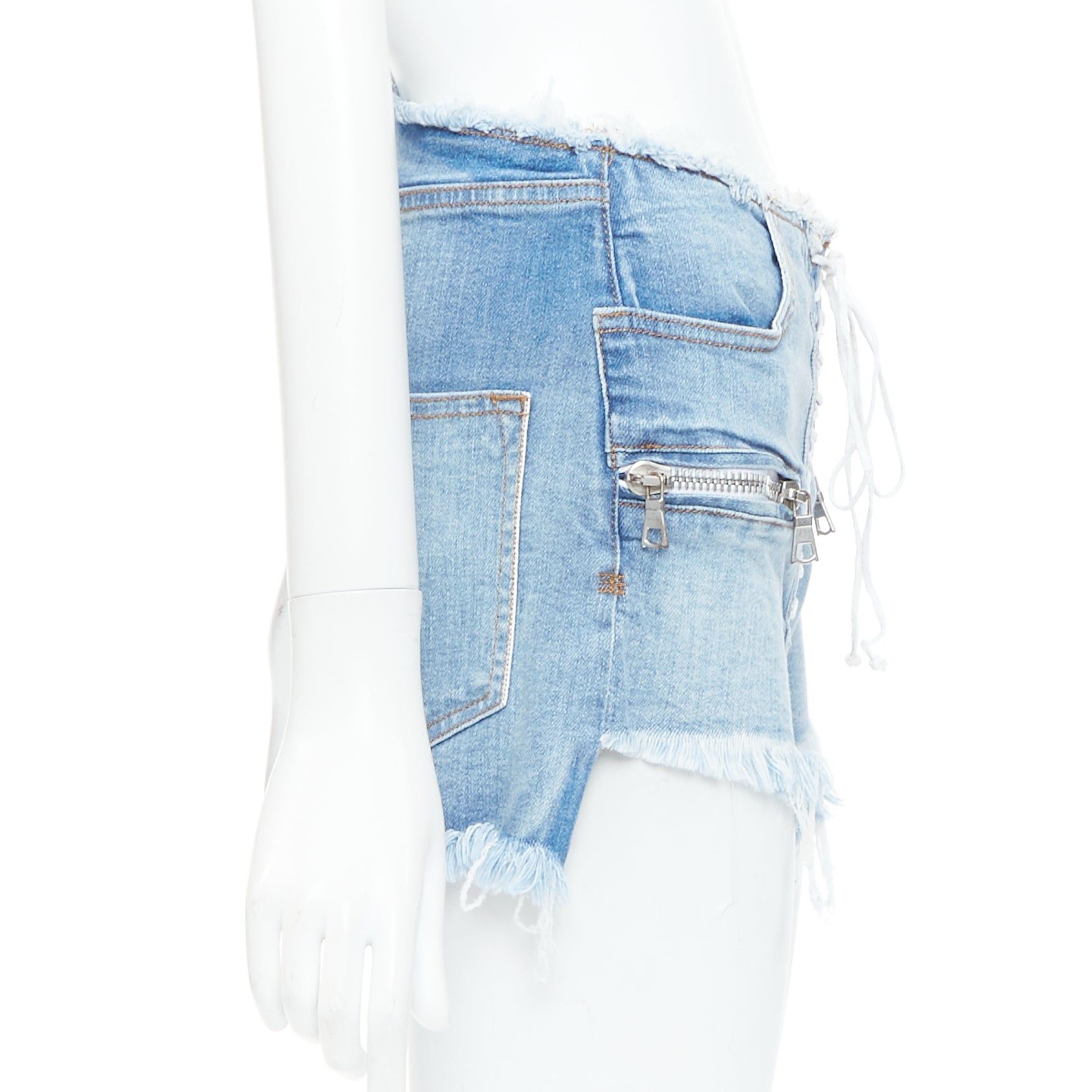 Unravel Project UNRAVEL PROJECT blue washed denim white laced front cut off shorts 25" Size 27" / US 4 / IT 40 - 4 Thumbnail