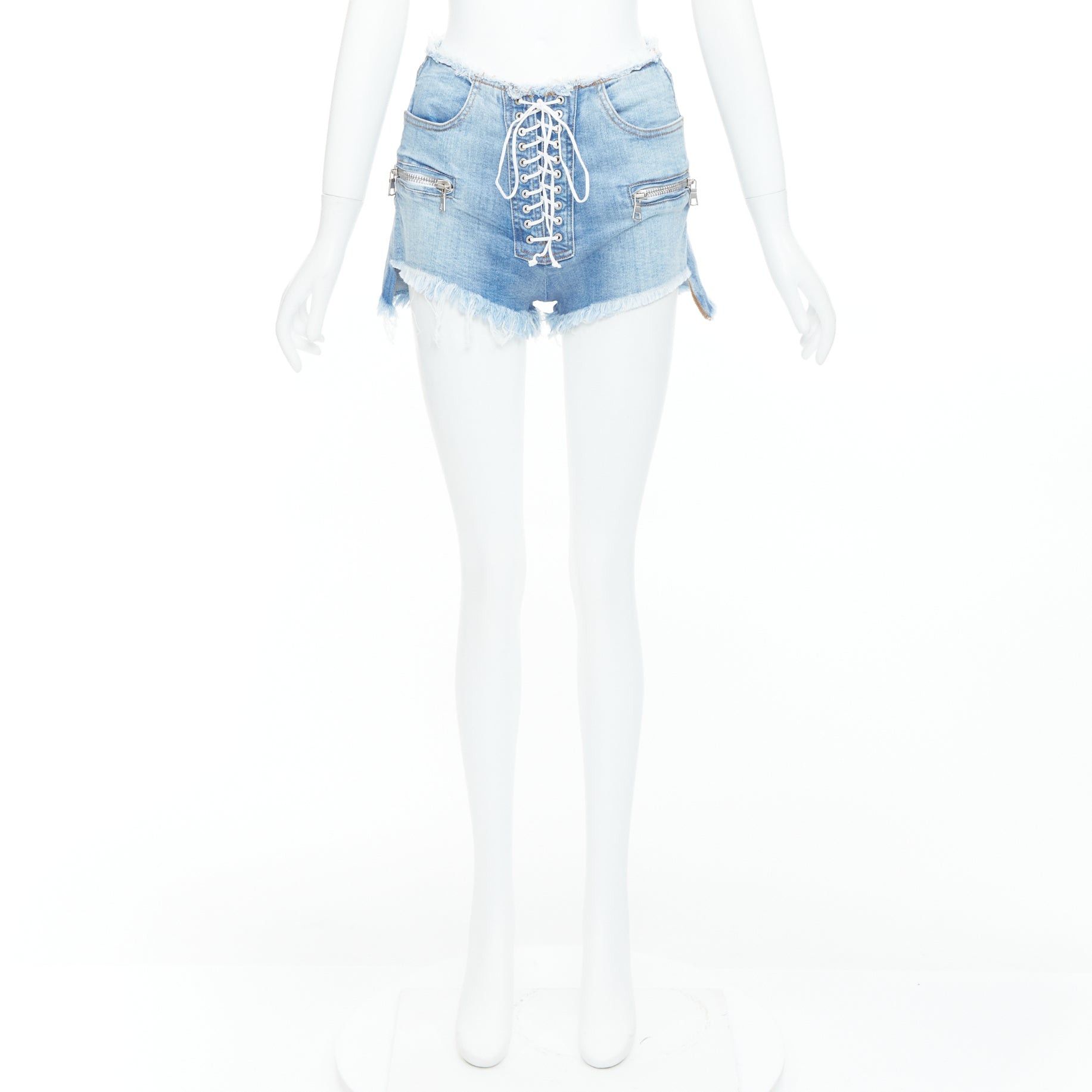 Unravel Project UNRAVEL PROJECT blue washed denim white laced front cut off shorts 25" Size 27" / US 4 / IT 40 - 9 Thumbnail