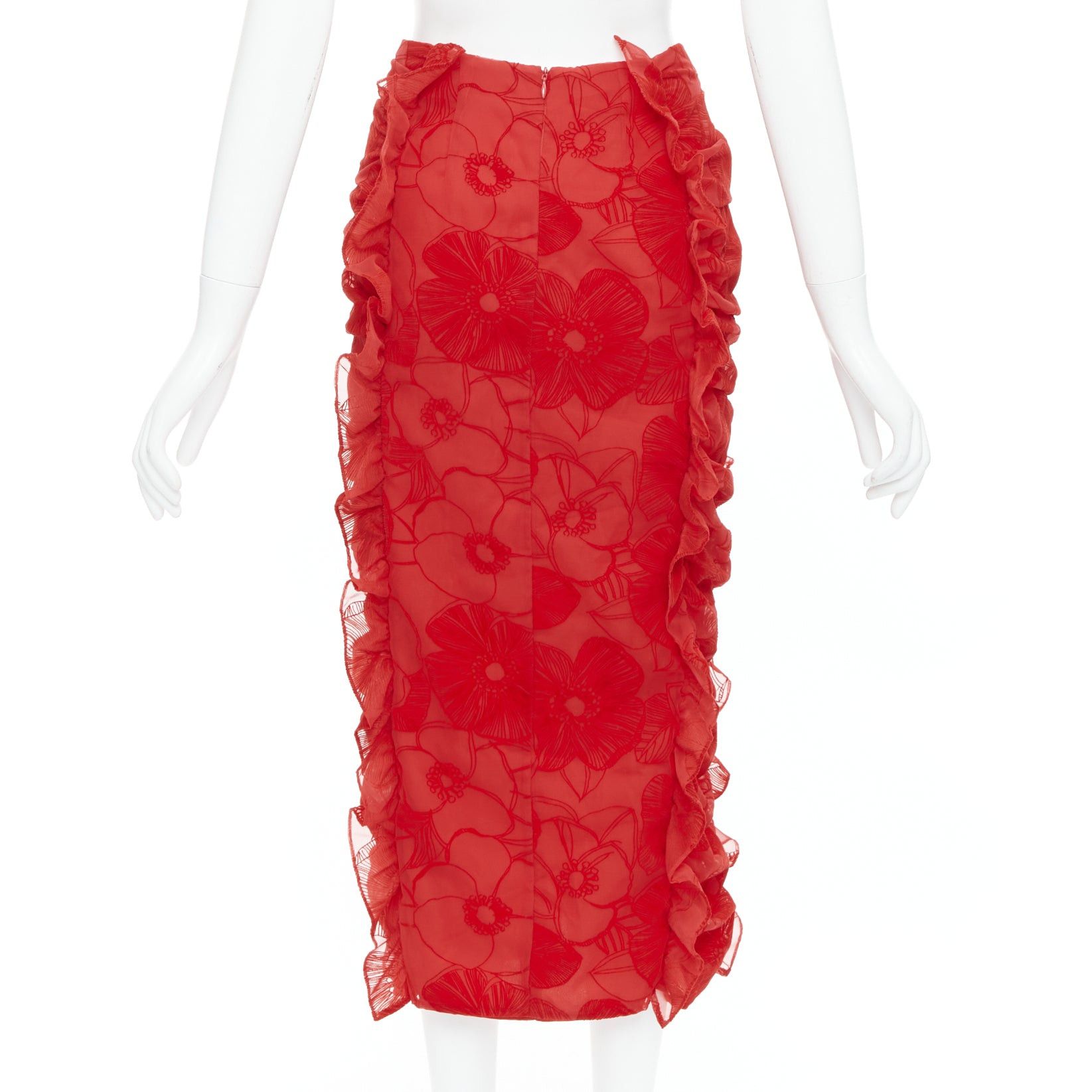 Other MOTHER OF PEARL LONDON red velvet sheer ruffle button pencil skirt UK6 XS Size 26" / US 2 / IT 38 - 5 Thumbnail