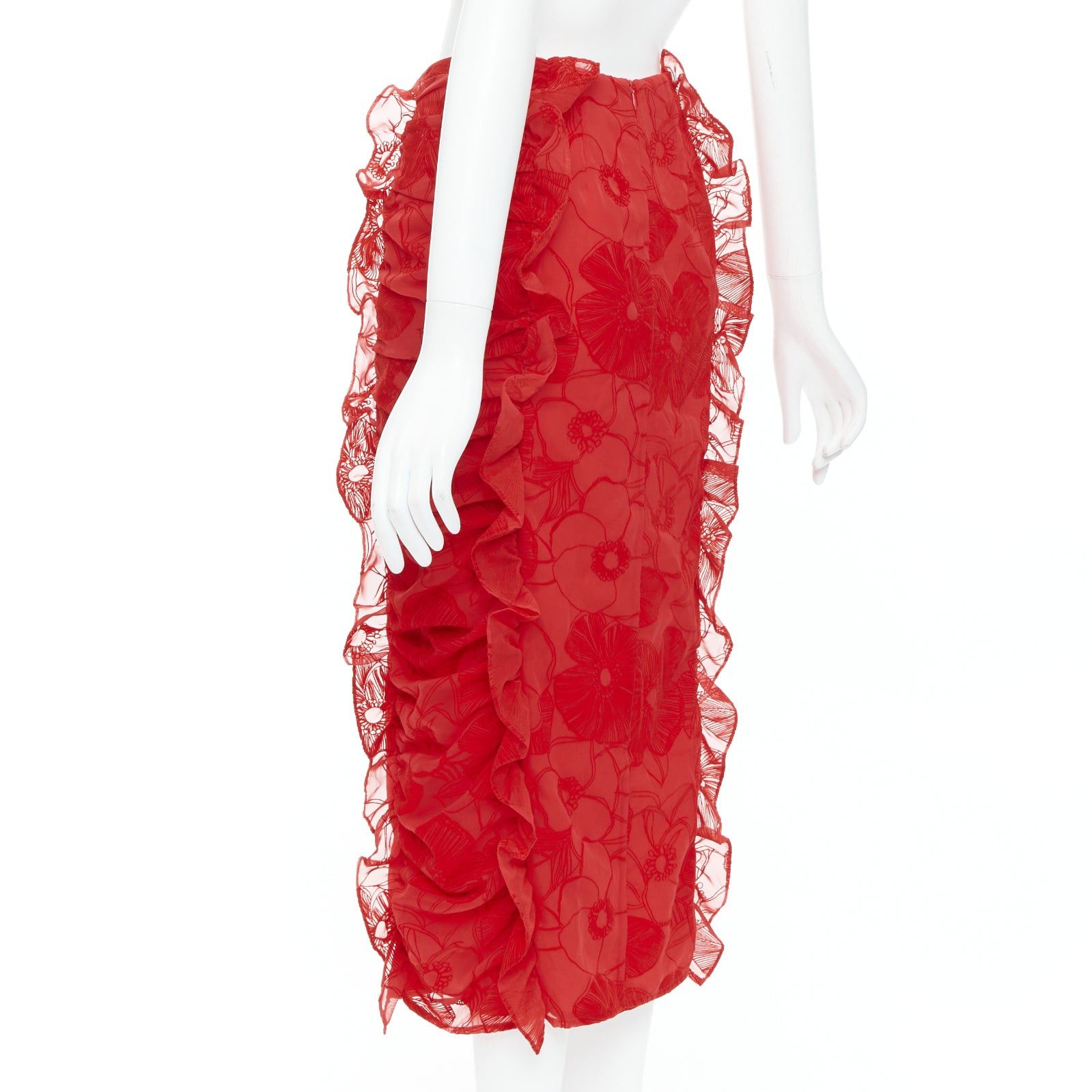 Other MOTHER OF PEARL LONDON red velvet sheer ruffle button pencil skirt UK6 XS Size 26" / US 2 / IT 38 - 6 Thumbnail