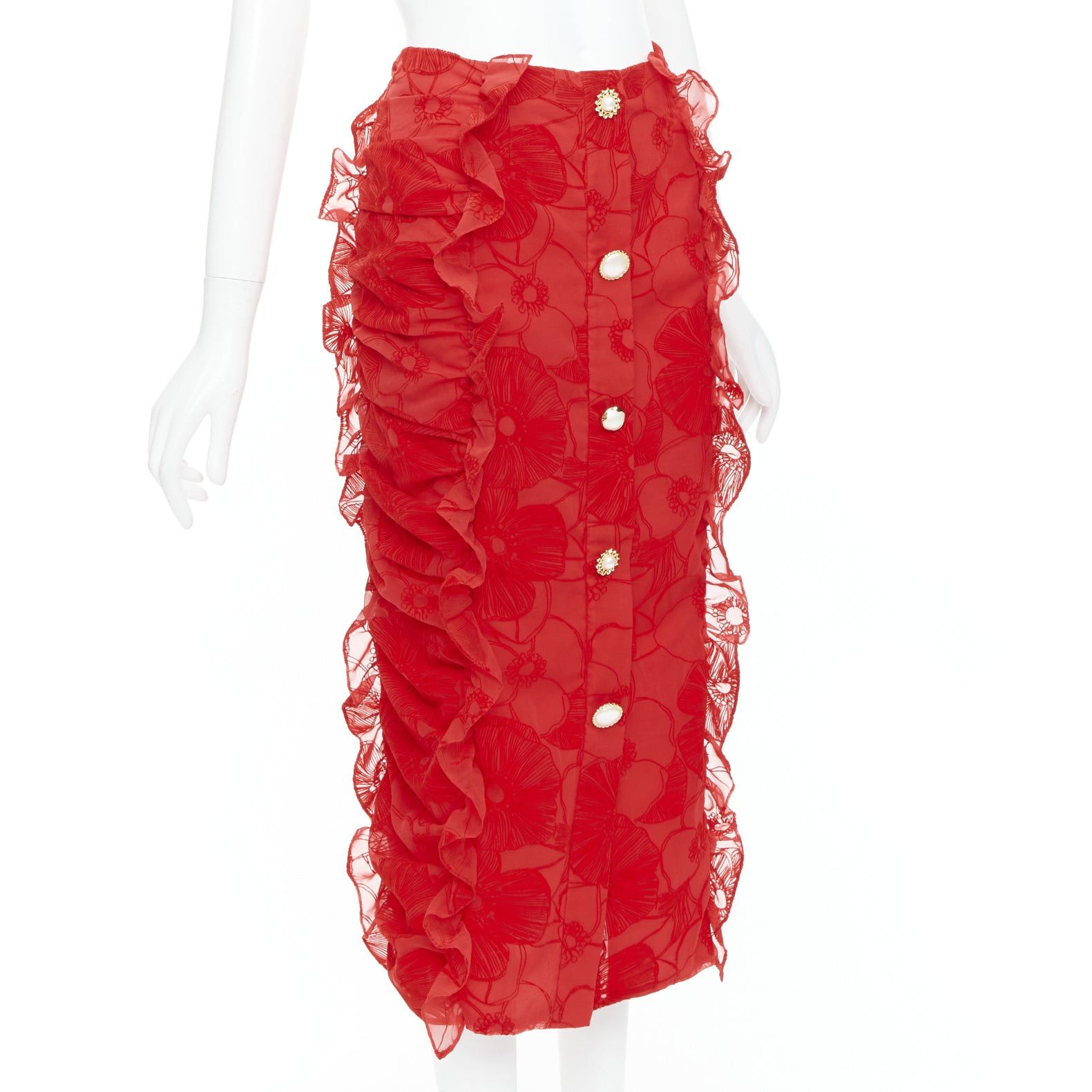 Other MOTHER OF PEARL LONDON red velvet sheer ruffle button pencil skirt UK6 XS Size 26" / US 2 / IT 38 - 3 Thumbnail