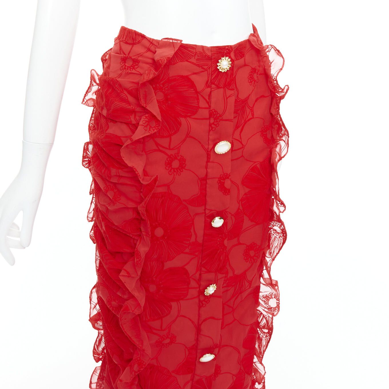 Other MOTHER OF PEARL LONDON red velvet sheer ruffle button pencil skirt UK6 XS Size 26" / US 2 / IT 38 - 2 Thumbnail
