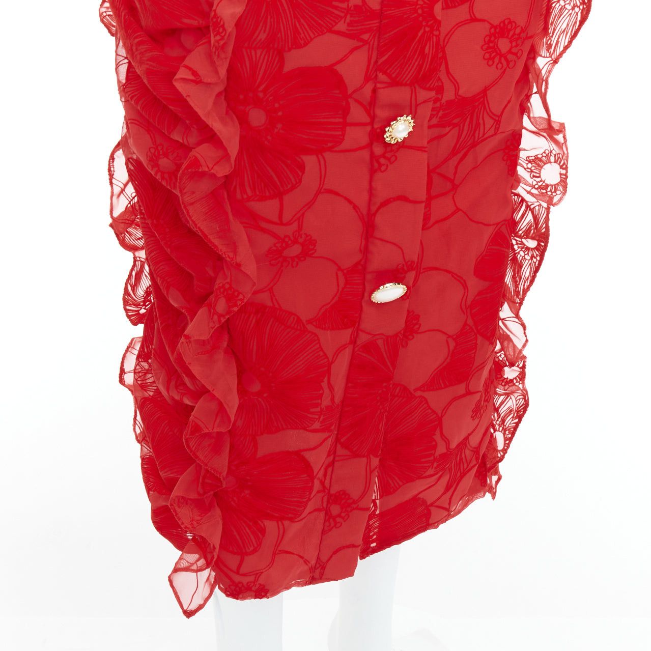 Other MOTHER OF PEARL LONDON red velvet sheer ruffle button pencil skirt UK6 XS Size 26" / US 2 / IT 38 - 7 Thumbnail