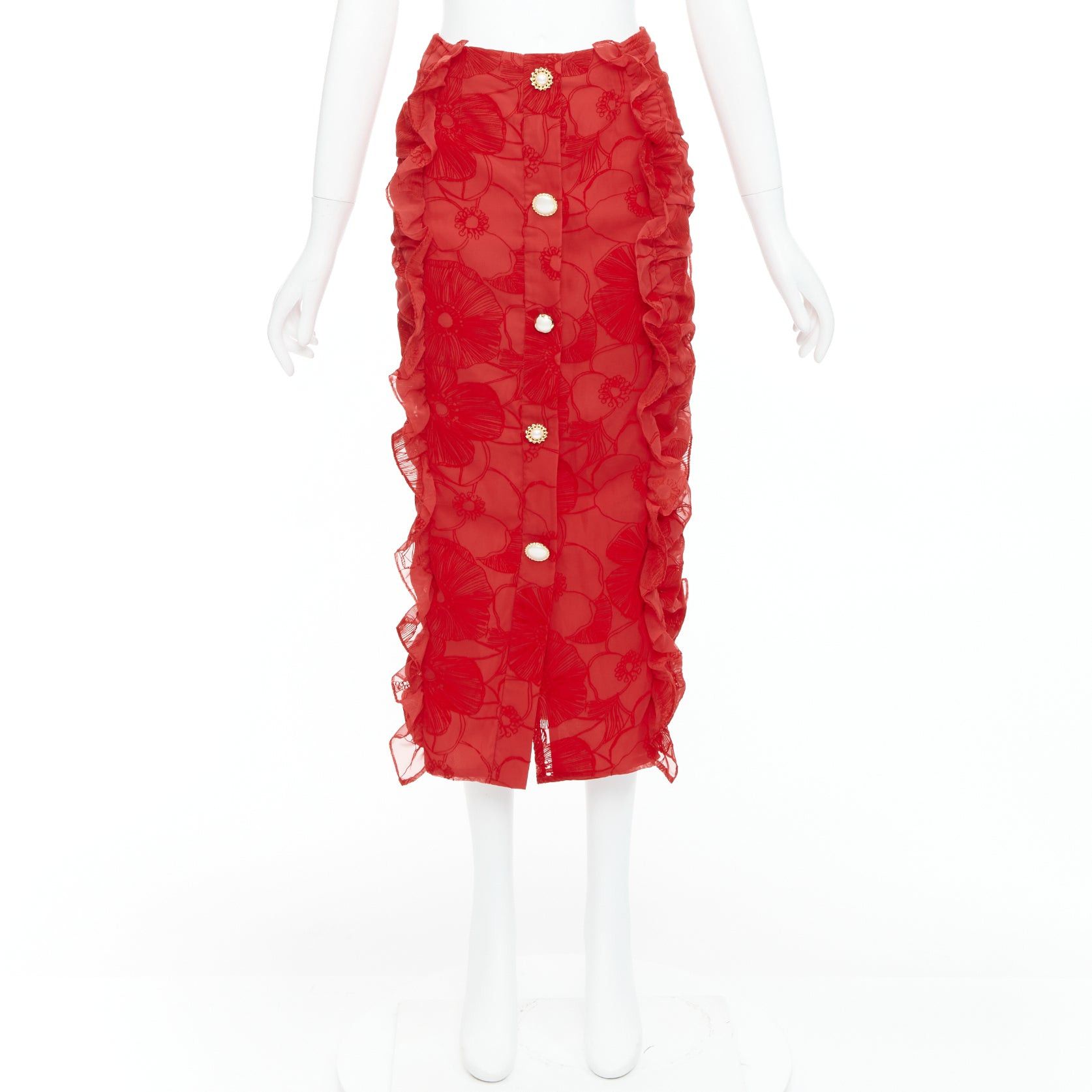 Other MOTHER OF PEARL LONDON red velvet sheer ruffle button pencil skirt UK6 XS Size 26" / US 2 / IT 38 - 9 Thumbnail