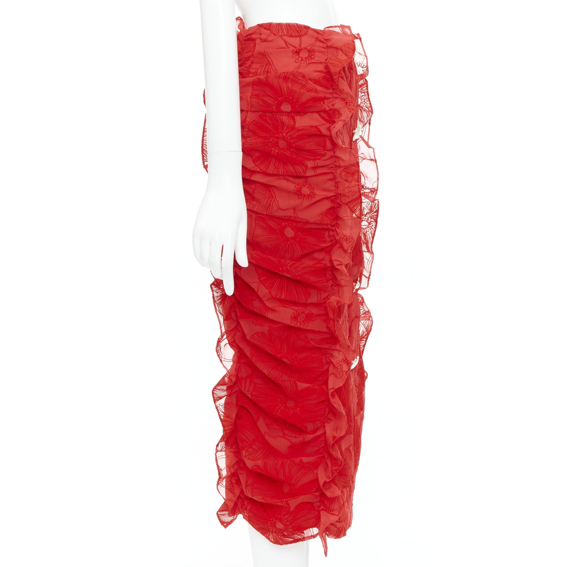 Other MOTHER OF PEARL LONDON red velvet sheer ruffle button pencil skirt UK6 XS Size 26" / US 2 / IT 38 - 4 Thumbnail
