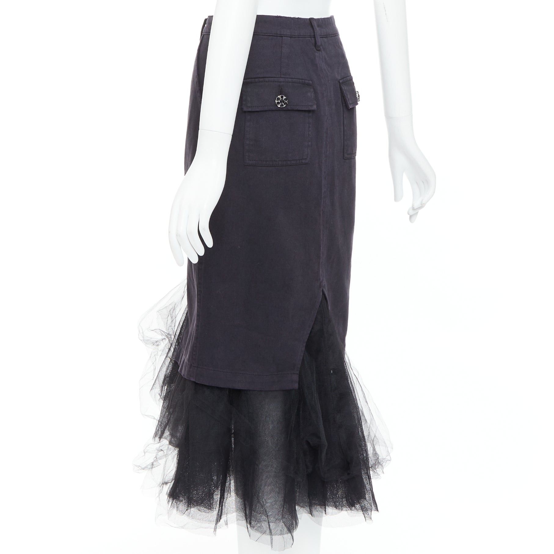Le Superbe LE SUPERBE black denim tulle hem overlay crystal button midi skirt US0 XS Size 26" / US 2 / IT 38 - 6 Thumbnail