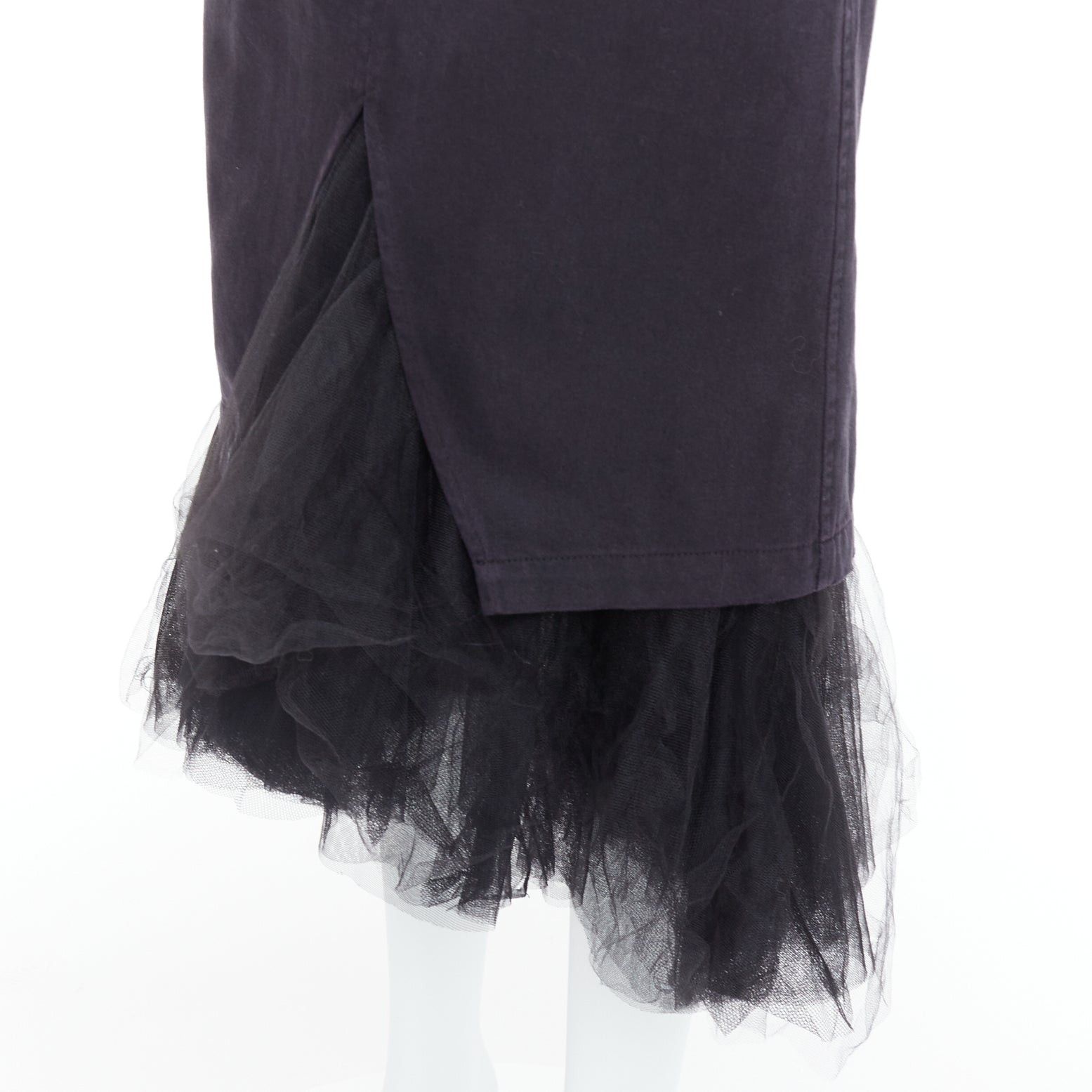 Le Superbe LE SUPERBE black denim tulle hem overlay crystal button midi skirt US0 XS Size 26" / US 2 / IT 38 - 2 Thumbnail