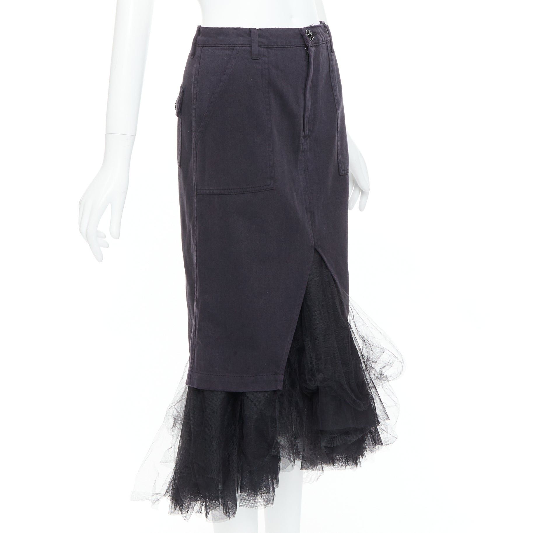 Le Superbe LE SUPERBE black denim tulle hem overlay crystal button midi skirt US0 XS Size 26" / US 2 / IT 38 - 3 Thumbnail