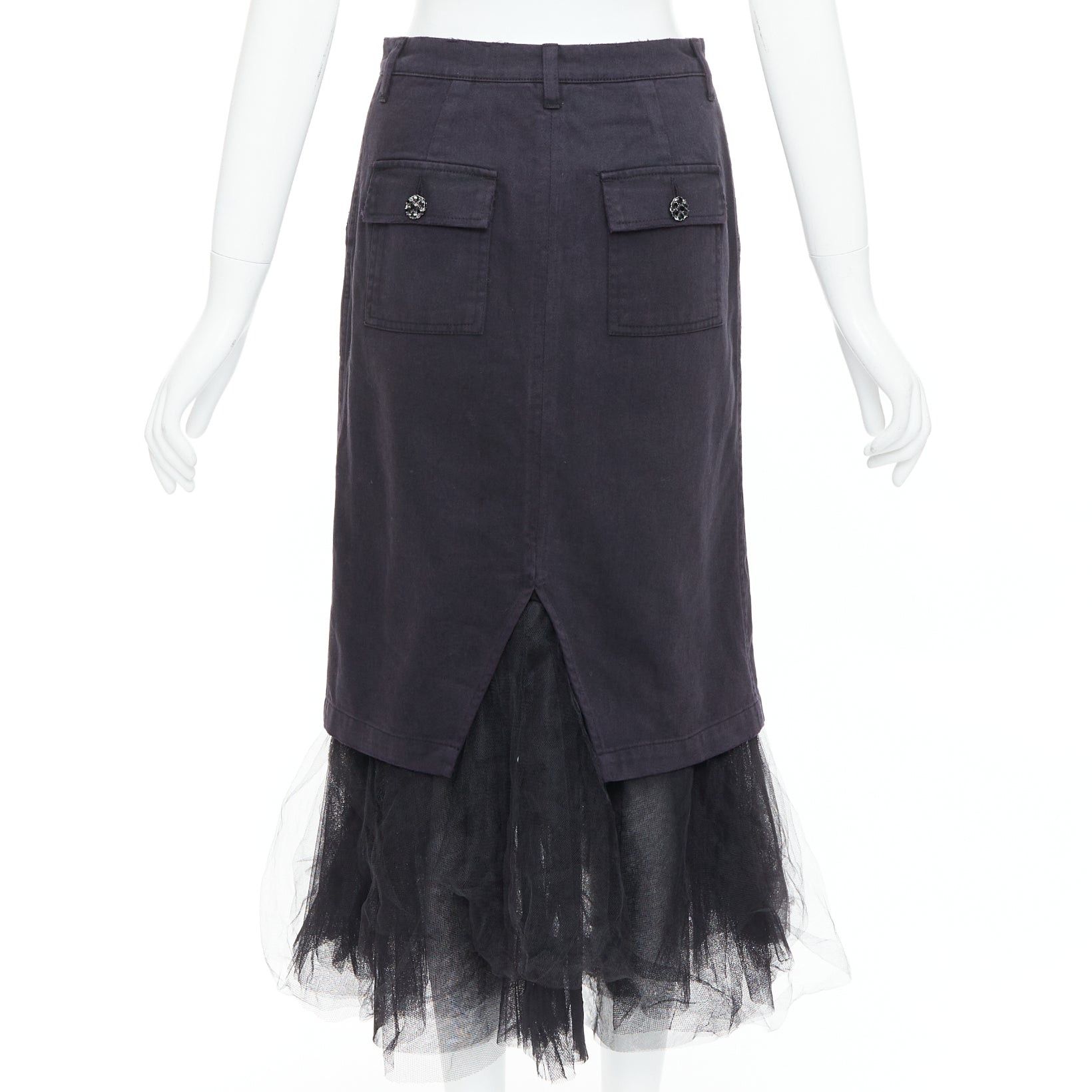 Le Superbe LE SUPERBE black denim tulle hem overlay crystal button midi skirt US0 XS Size 26" / US 2 / IT 38 - 5 Thumbnail