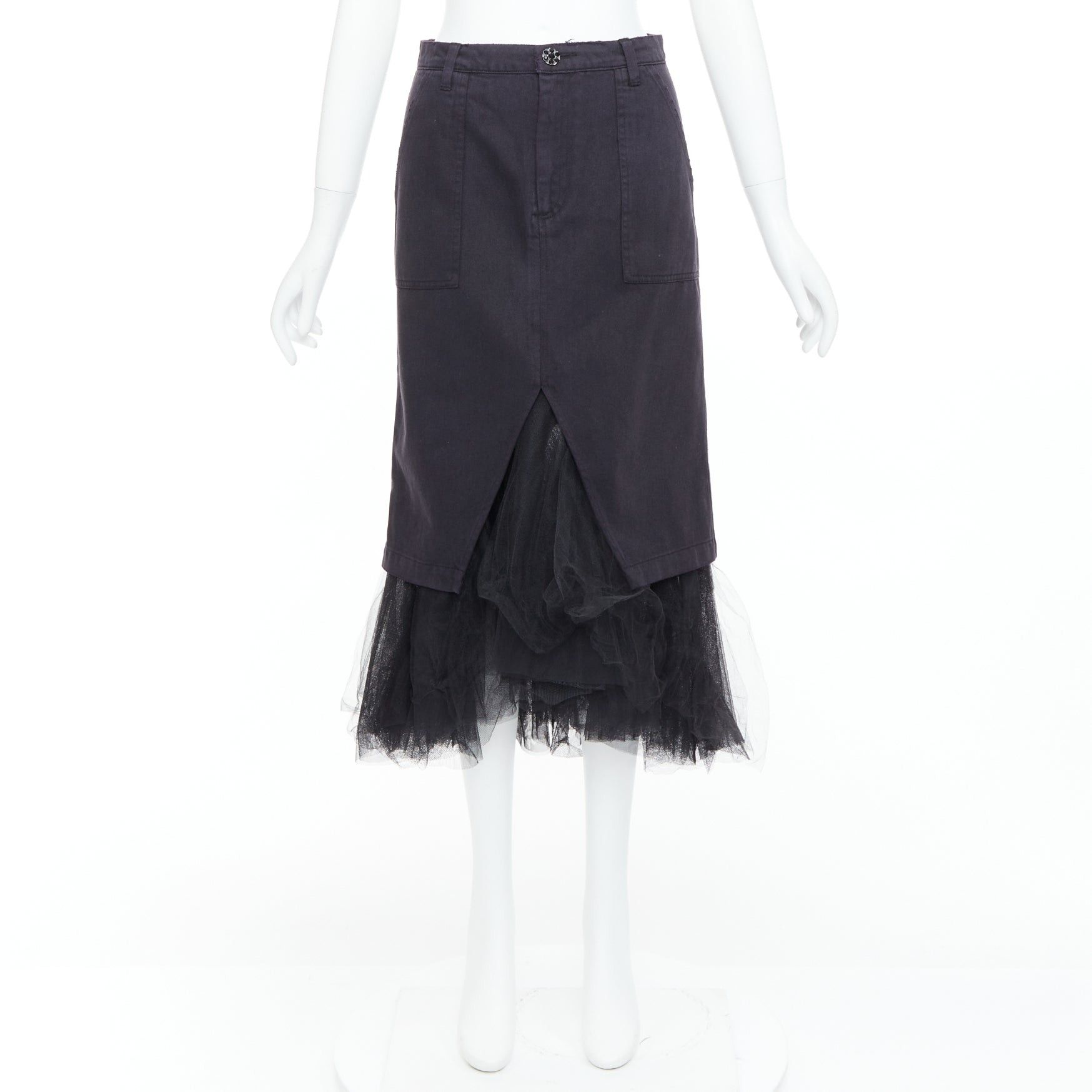 Le Superbe LE SUPERBE black denim tulle hem overlay crystal button midi skirt US0 XS Size 26" / US 2 / IT 38 - 9 Thumbnail