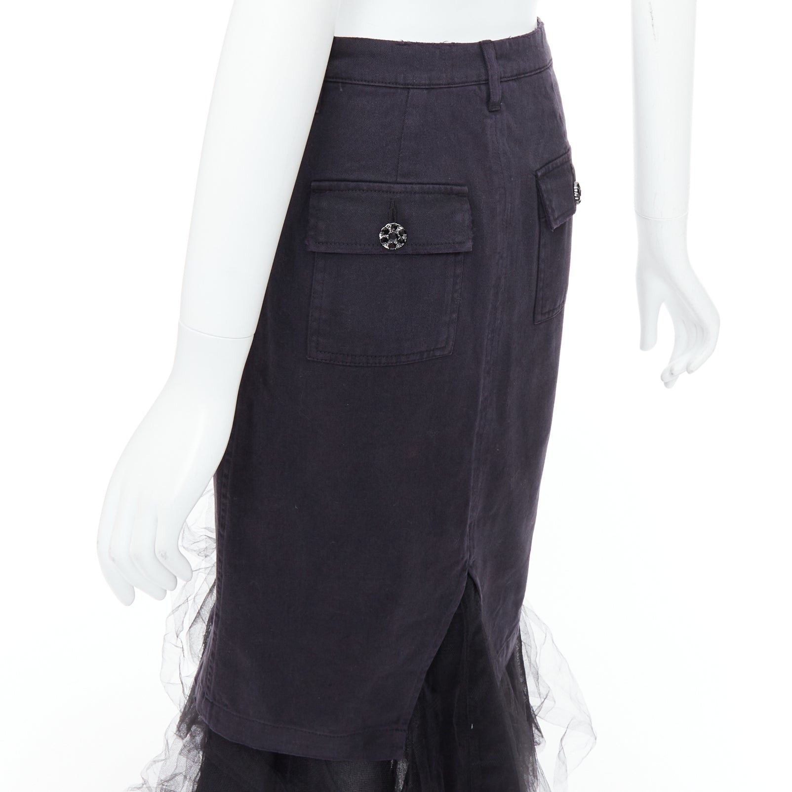 Le Superbe LE SUPERBE black denim tulle hem overlay crystal button midi skirt US0 XS Size 26" / US 2 / IT 38 - 7 Thumbnail