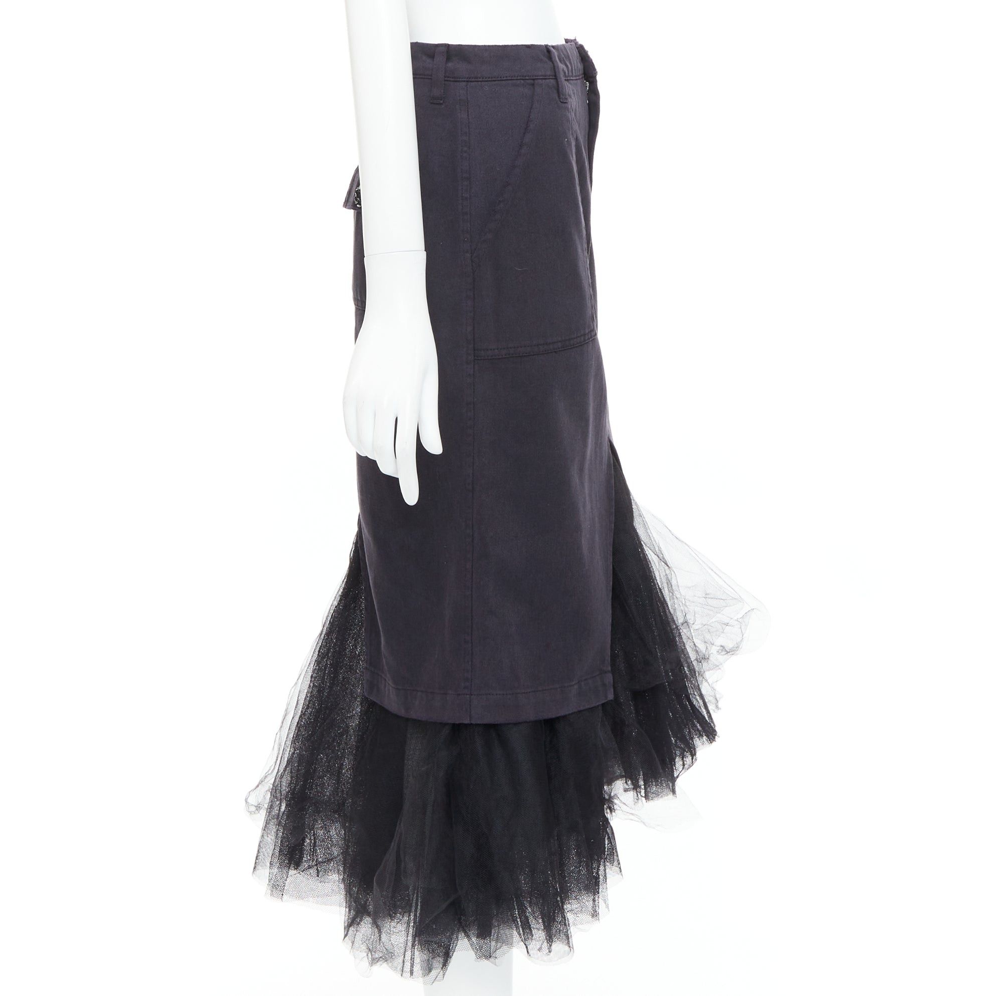 Le Superbe LE SUPERBE black denim tulle hem overlay crystal button midi skirt US0 XS Size 26" / US 2 / IT 38 - 4 Thumbnail