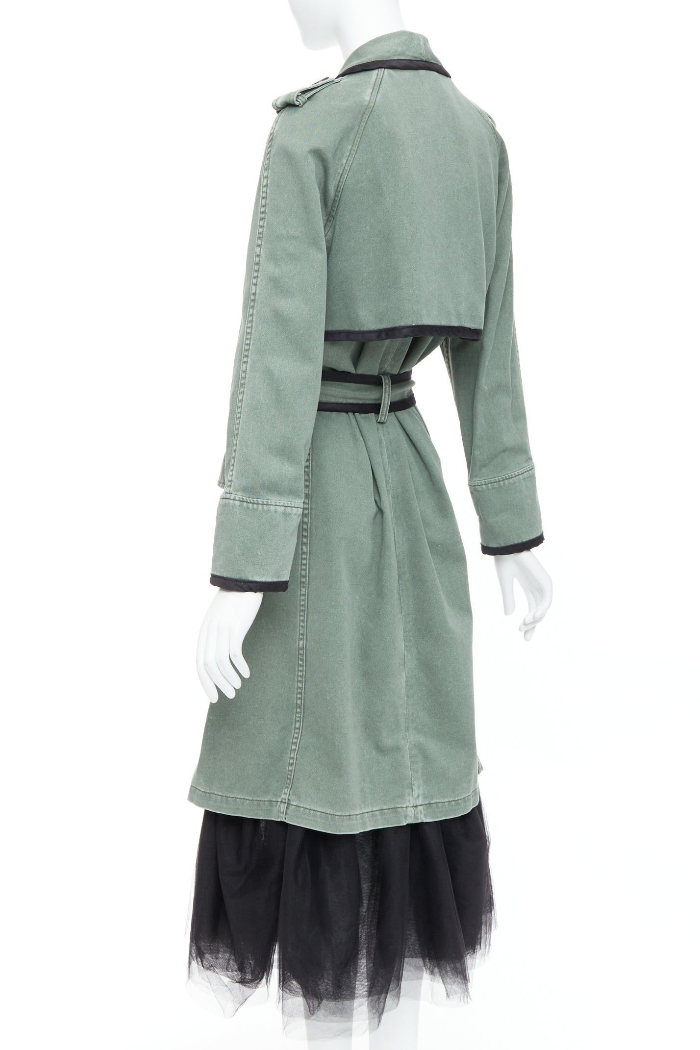 Le Superbe LE SUPERBE green washed cotton black tulle hem tie belt coat US0 XS Size XS / US 0-2 / IT 36-38 - 7 Thumbnail