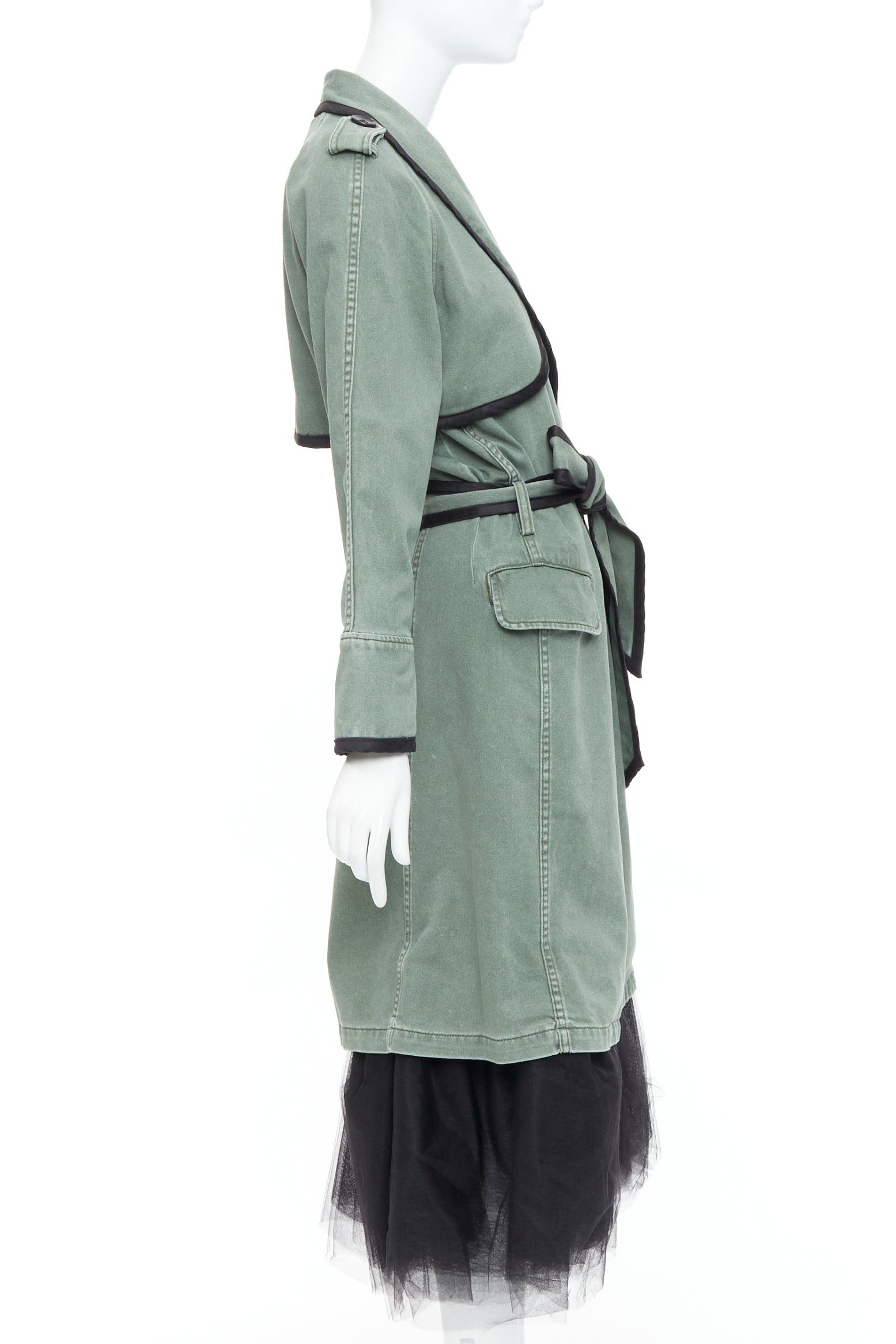Le Superbe LE SUPERBE green washed cotton black tulle hem tie belt coat US0 XS Size XS / US 0-2 / IT 36-38 - 5 Thumbnail