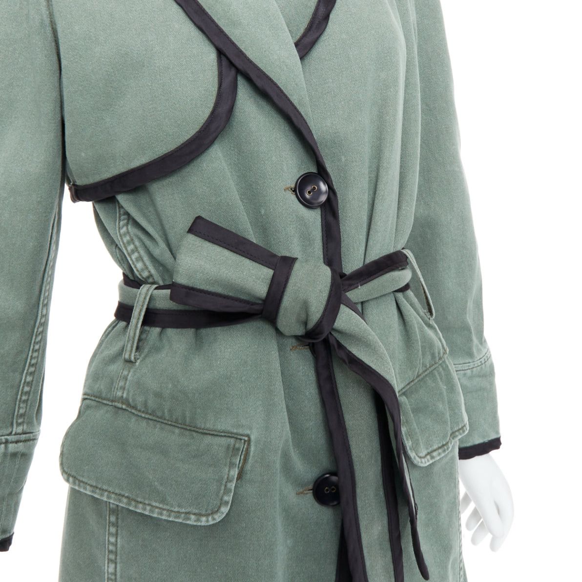 Le Superbe LE SUPERBE green washed cotton black tulle hem tie belt coat US0 XS Size XS / US 0-2 / IT 36-38 - 2 Thumbnail