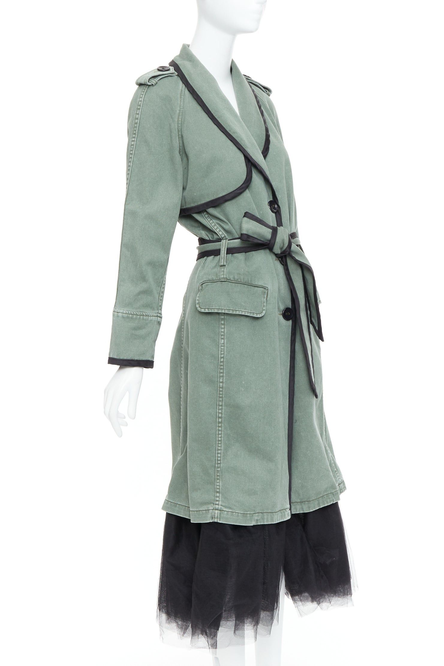 Le Superbe LE SUPERBE green washed cotton black tulle hem tie belt coat US0 XS Size XS / US 0-2 / IT 36-38 - 4 Thumbnail