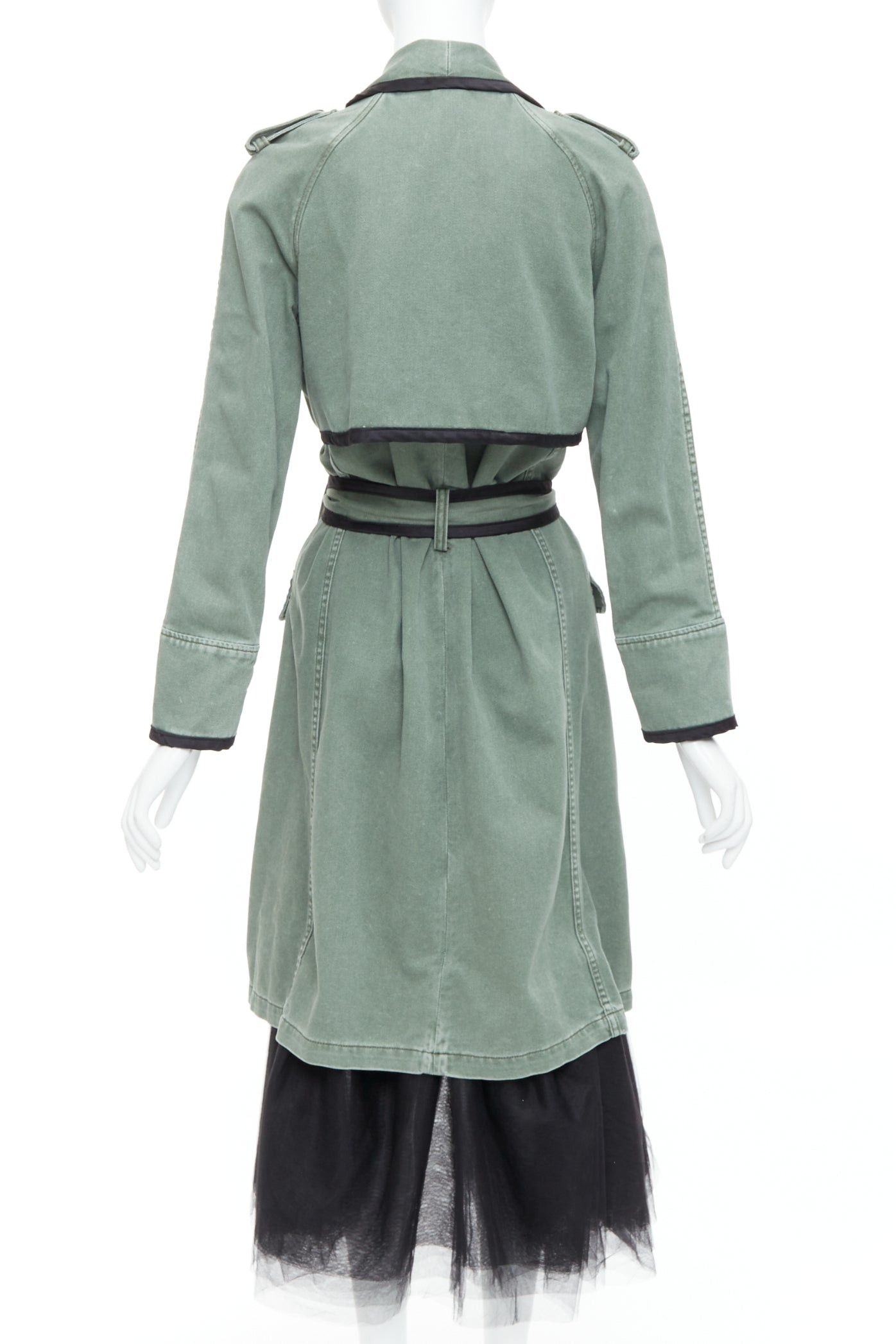 Le Superbe LE SUPERBE green washed cotton black tulle hem tie belt coat US0 XS Size XS / US 0-2 / IT 36-38 - 6 Thumbnail