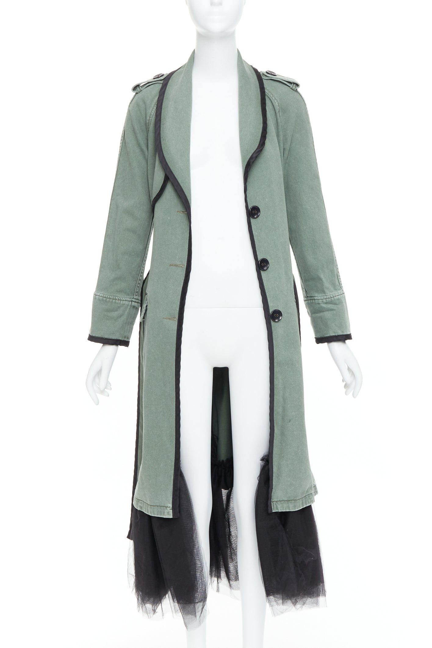 Le Superbe LE SUPERBE green washed cotton black tulle hem tie belt coat US0 XS Size XS / US 0-2 / IT 36-38 - 3 Thumbnail