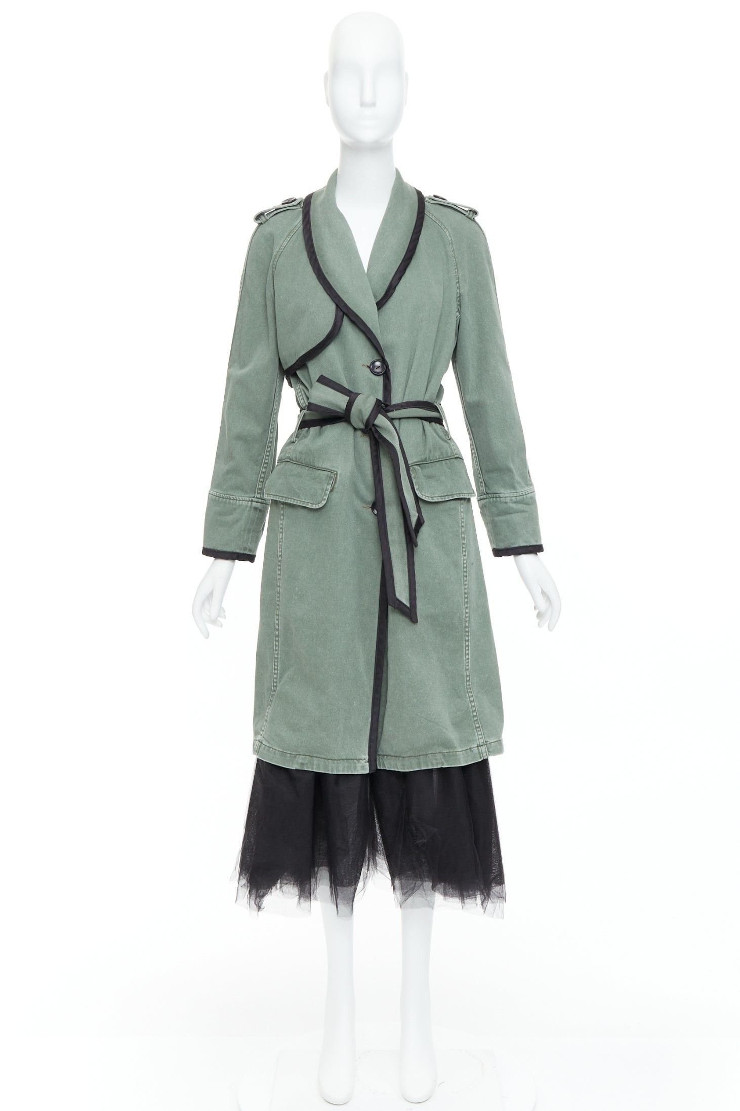 Le Superbe LE SUPERBE green washed cotton black tulle hem tie belt coat US0 XS Size XS / US 0-2 / IT 36-38 - 10 Thumbnail