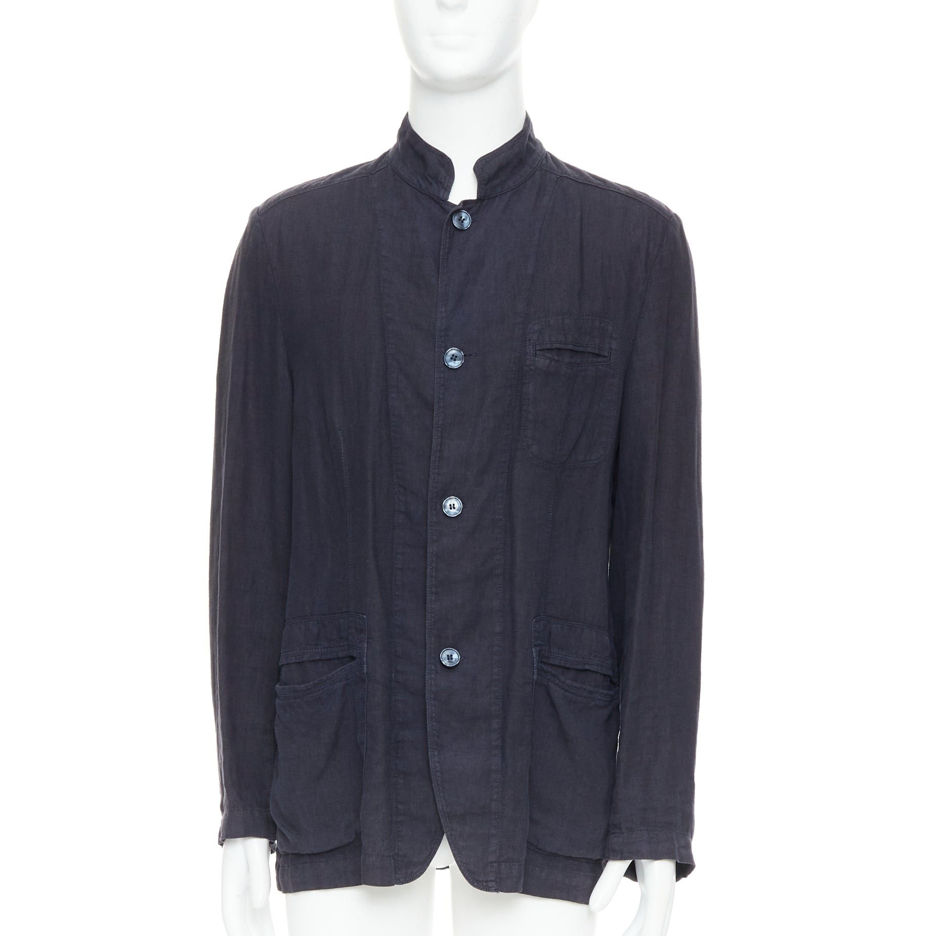 Ermenegildo Zegna ERMENEGILDO ZEGNA navy linen 3 pockets stand collar light blazer IT48 M Size 48R - 3 Thumbnail