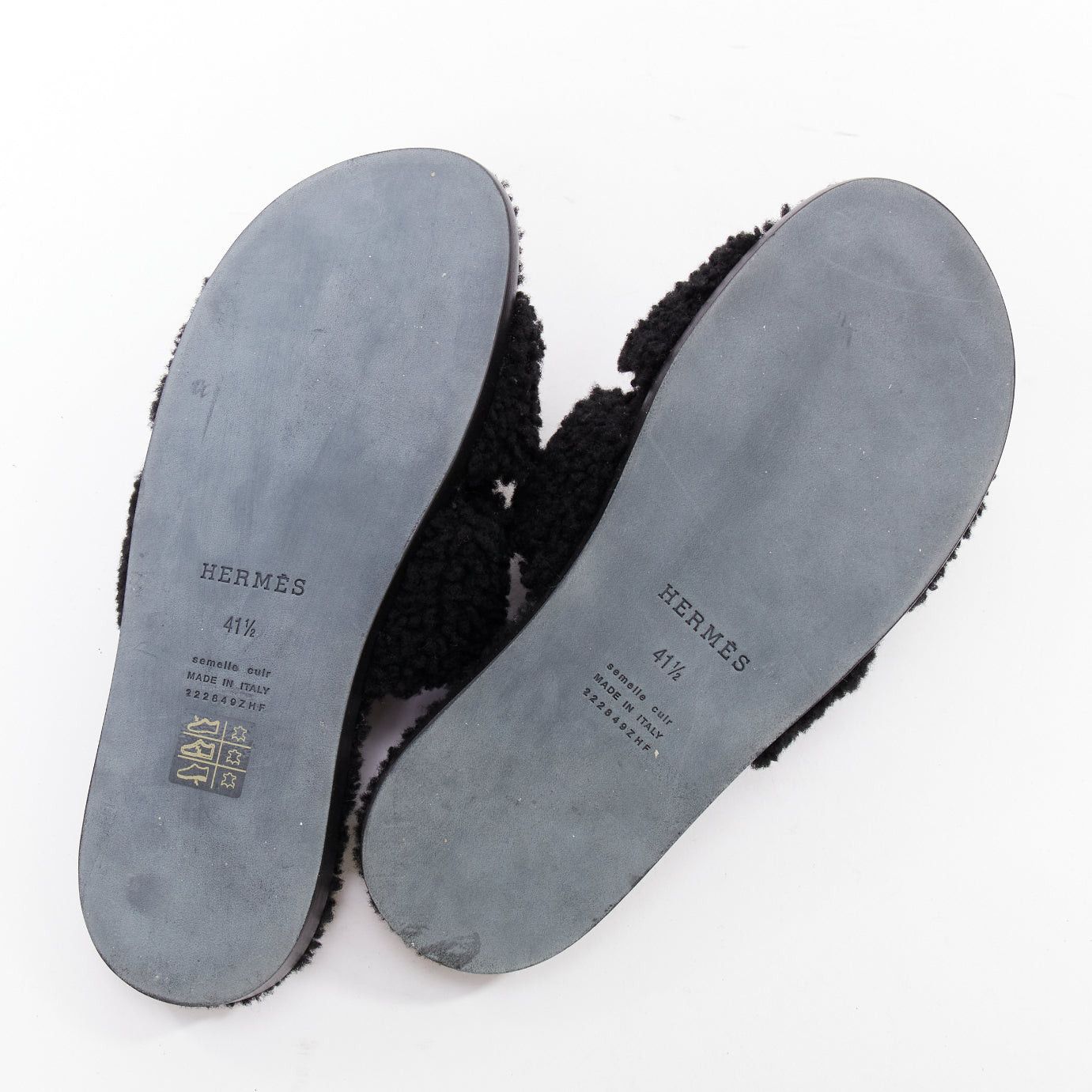 Hermes HERMES Oran black shearling H cut out flat block sandals EU41.5 Size US 11.5 / IT 41.5 - 11 Thumbnail