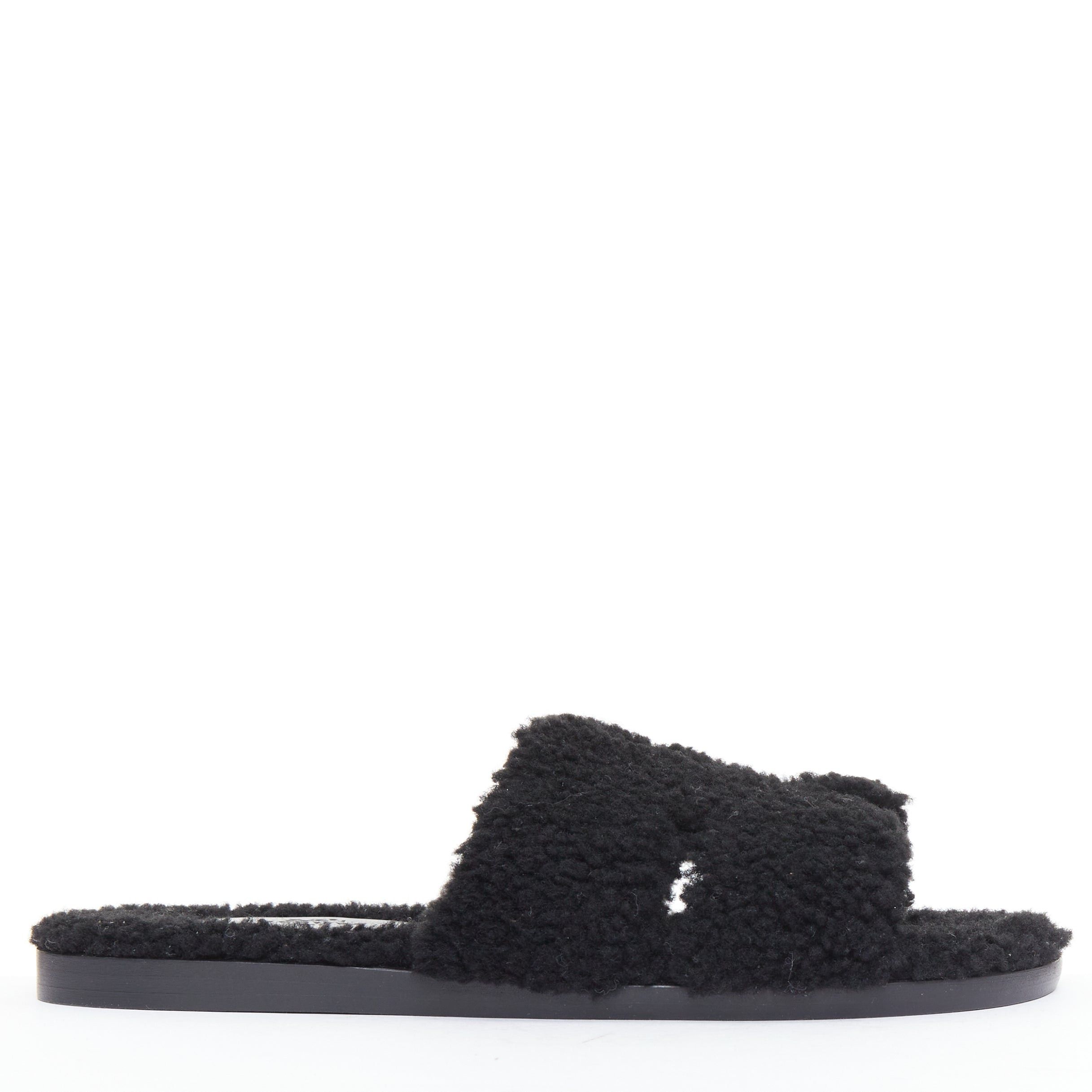 Hermes HERMES Oran black shearling H cut out flat block sandals EU41.5 Size US 11.5 / IT 41.5 - 2 Thumbnail