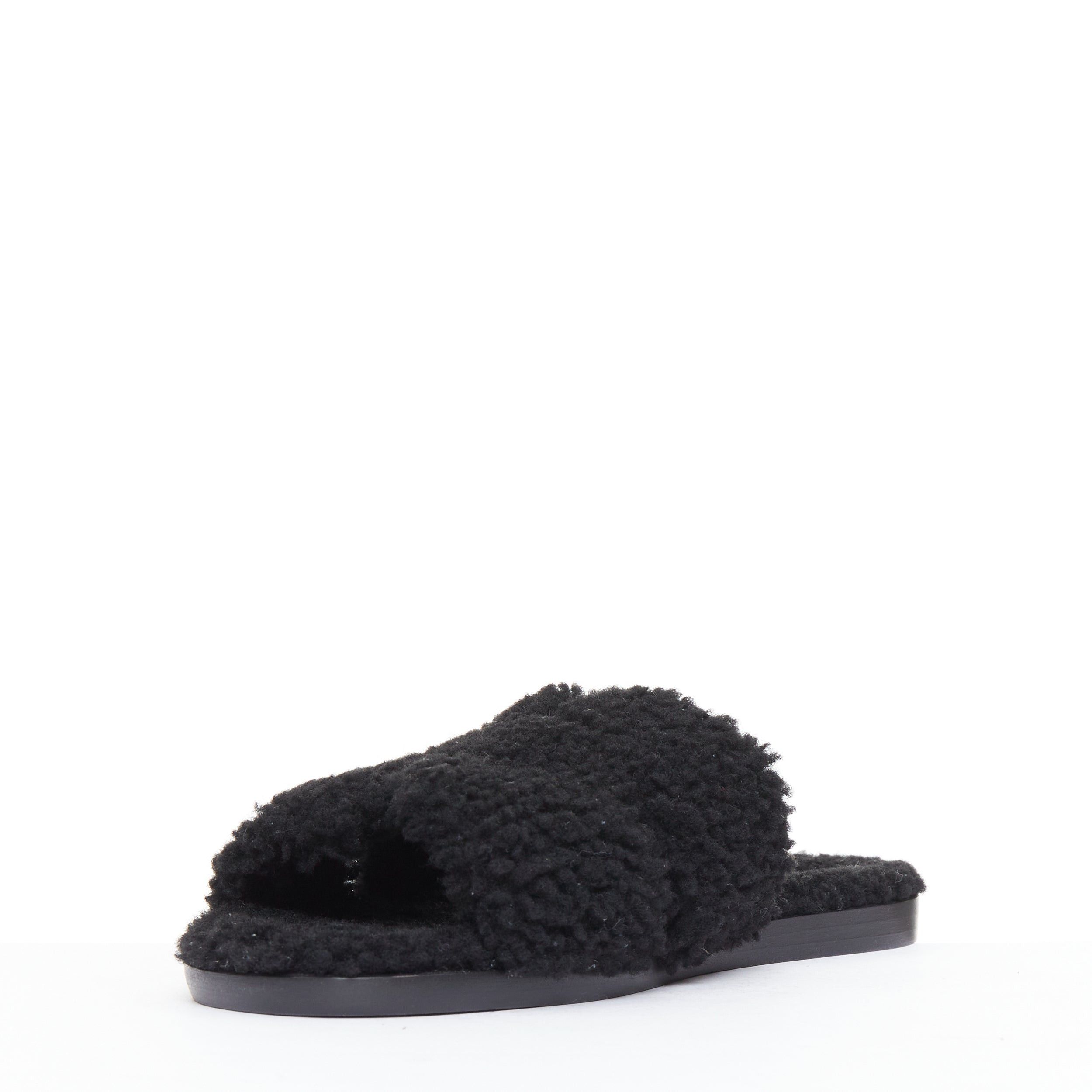 Hermes HERMES Oran black shearling H cut out flat block sandals EU41.5 Size US 11.5 / IT 41.5 - 4 Thumbnail