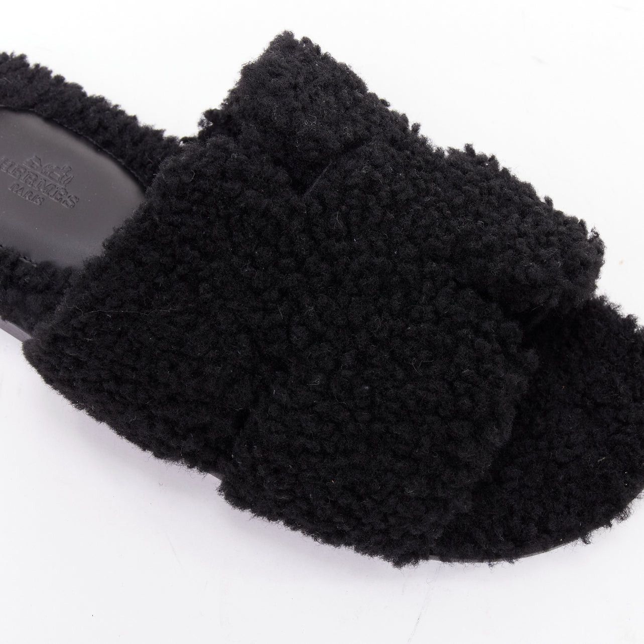 Hermes HERMES Oran black shearling H cut out flat block sandals EU41.5 Size US 11.5 / IT 41.5 - 7 Thumbnail