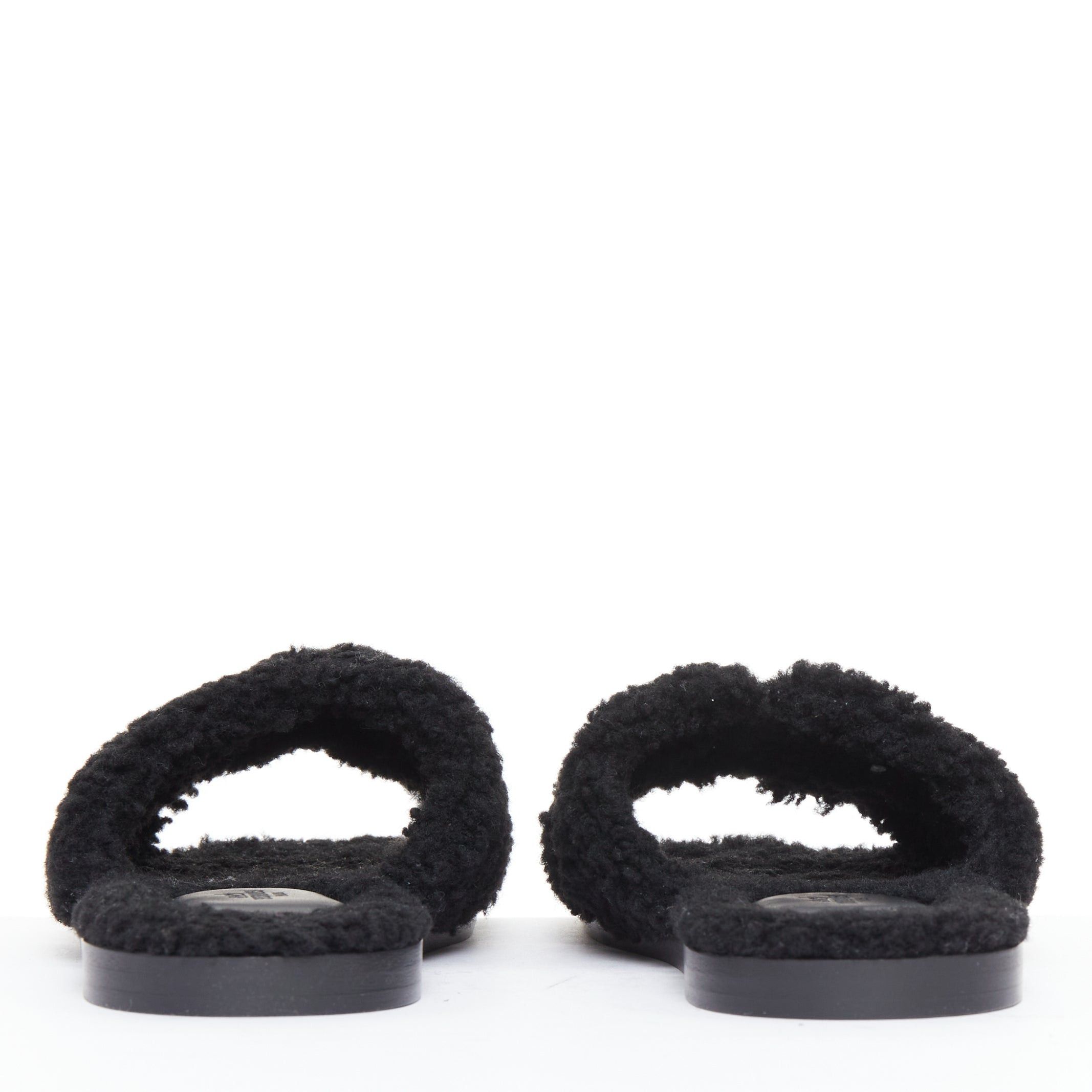 Hermes HERMES Oran black shearling H cut out flat block sandals EU41.5 Size US 11.5 / IT 41.5 - 5 Thumbnail