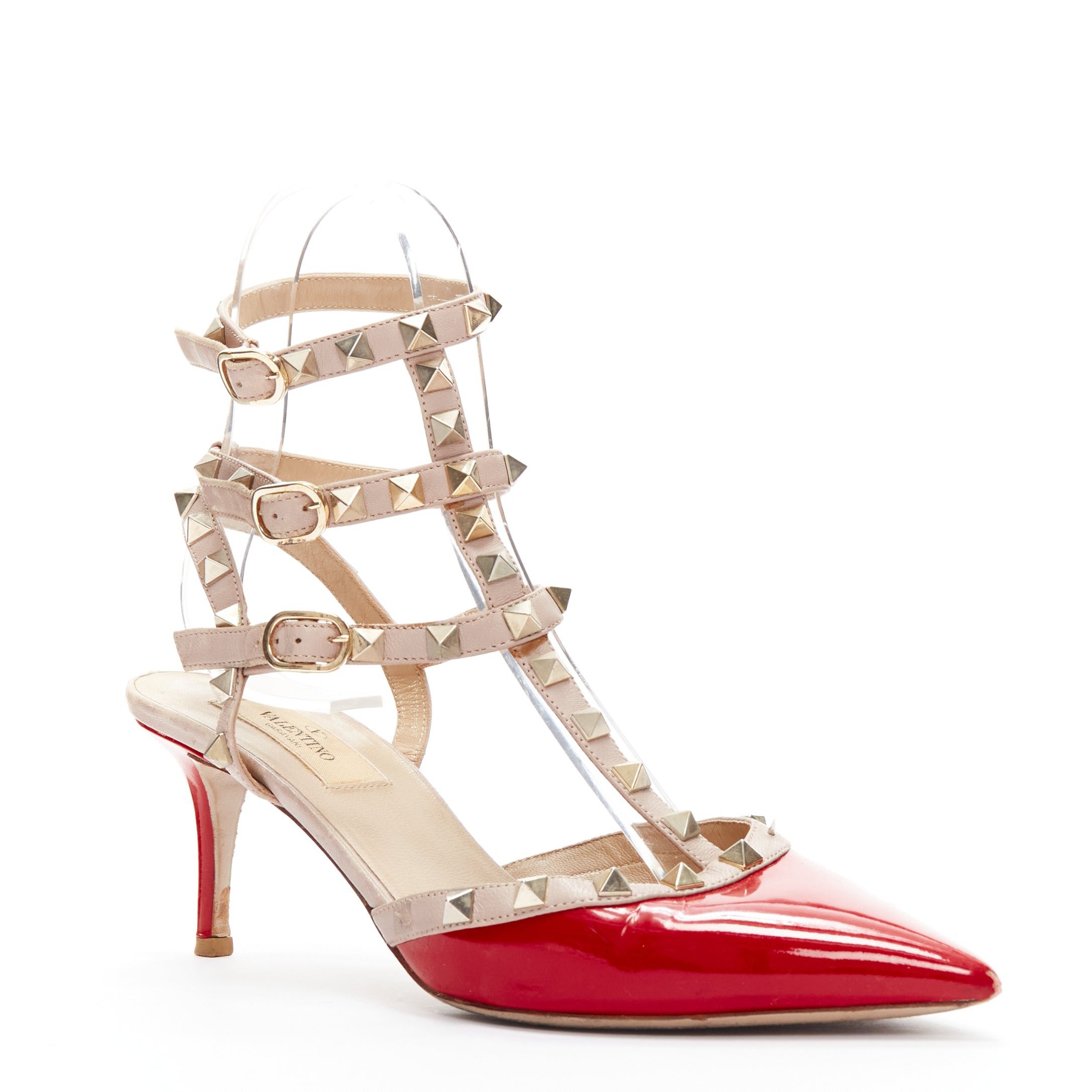 Valentino VALENTINO Rockstud red patent leather gold stud caged pump EU38 Size US 8 / IT 38 - 2 Thumbnail