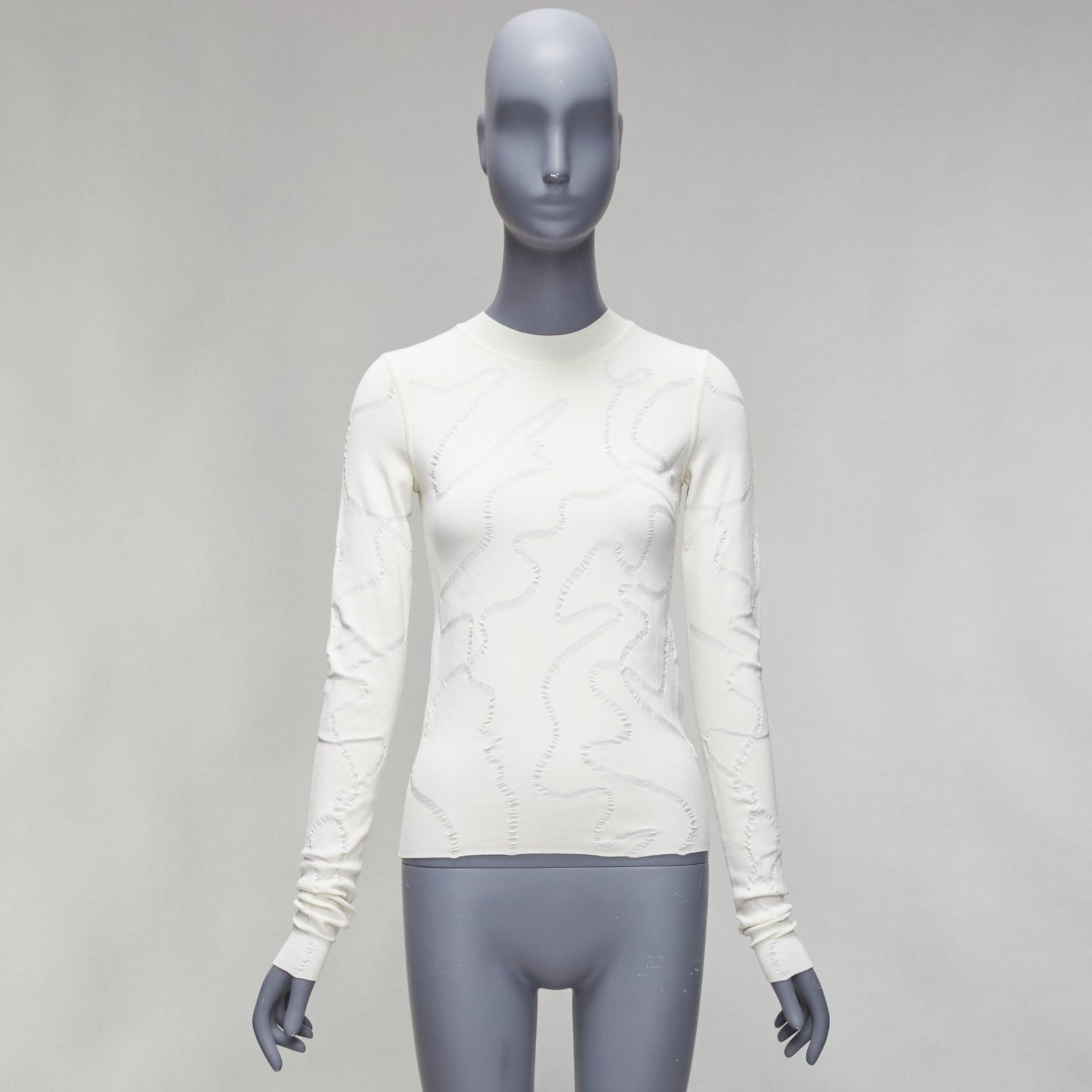 Helmut Lang HELMUT LANG cream wiggly line motive jacquard long sleeve sweater S Size S / US 4 / IT 40 - 9 Thumbnail