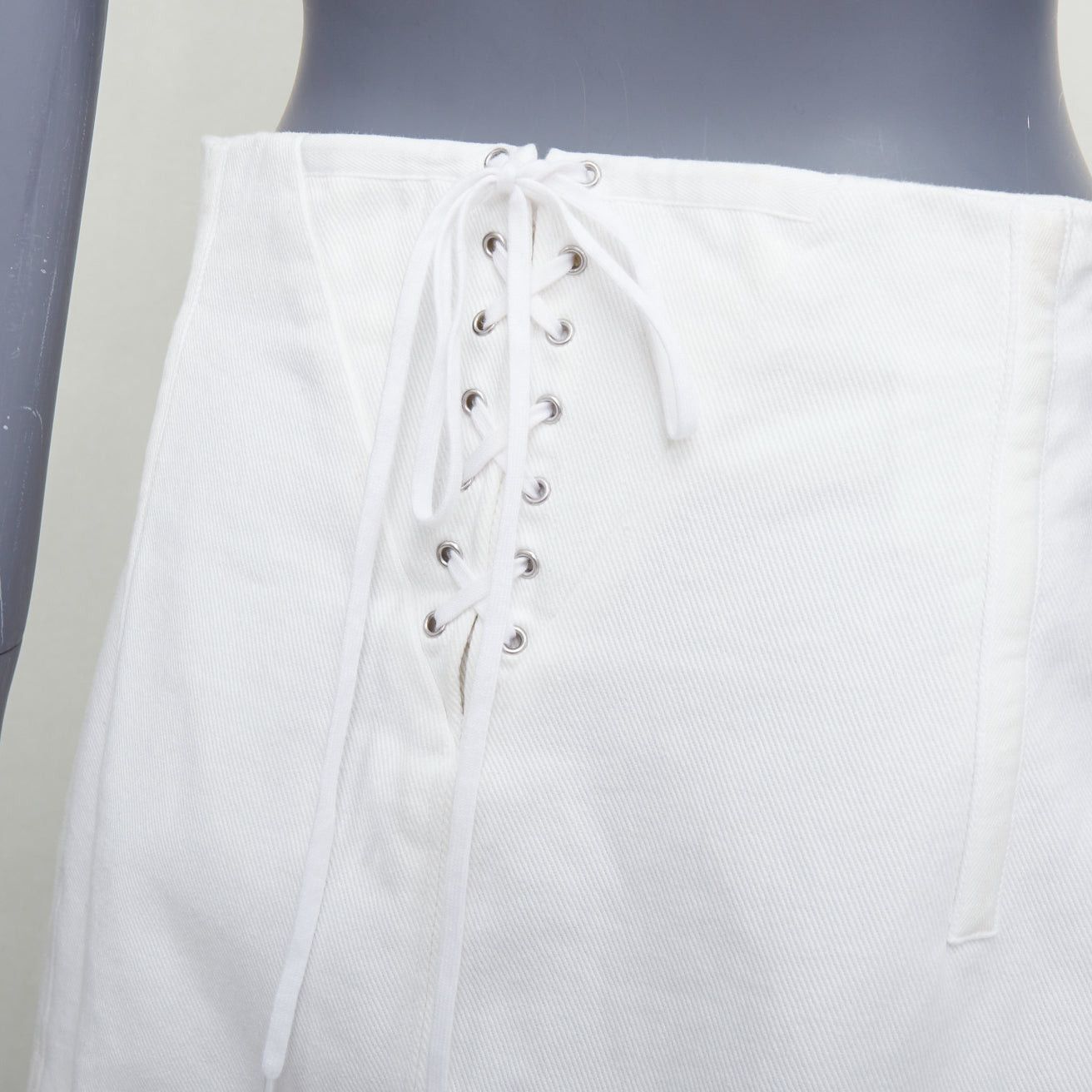 Prada PRADA 2021 white cotton denim tapered dart lace up back skirt IT44 L Size 27" / US 4 / IT 40 - 2 Thumbnail
