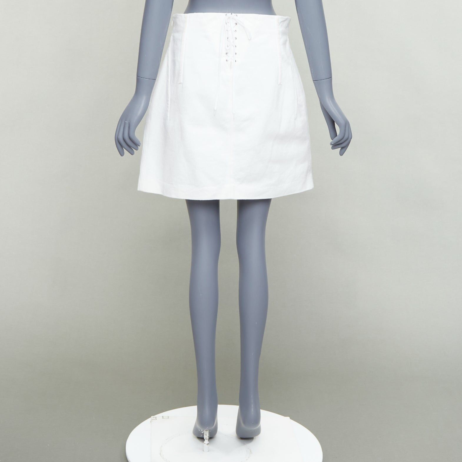 Prada PRADA 2021 white cotton denim tapered dart lace up back skirt IT44 L Size 27" / US 4 / IT 40 - 5 Thumbnail