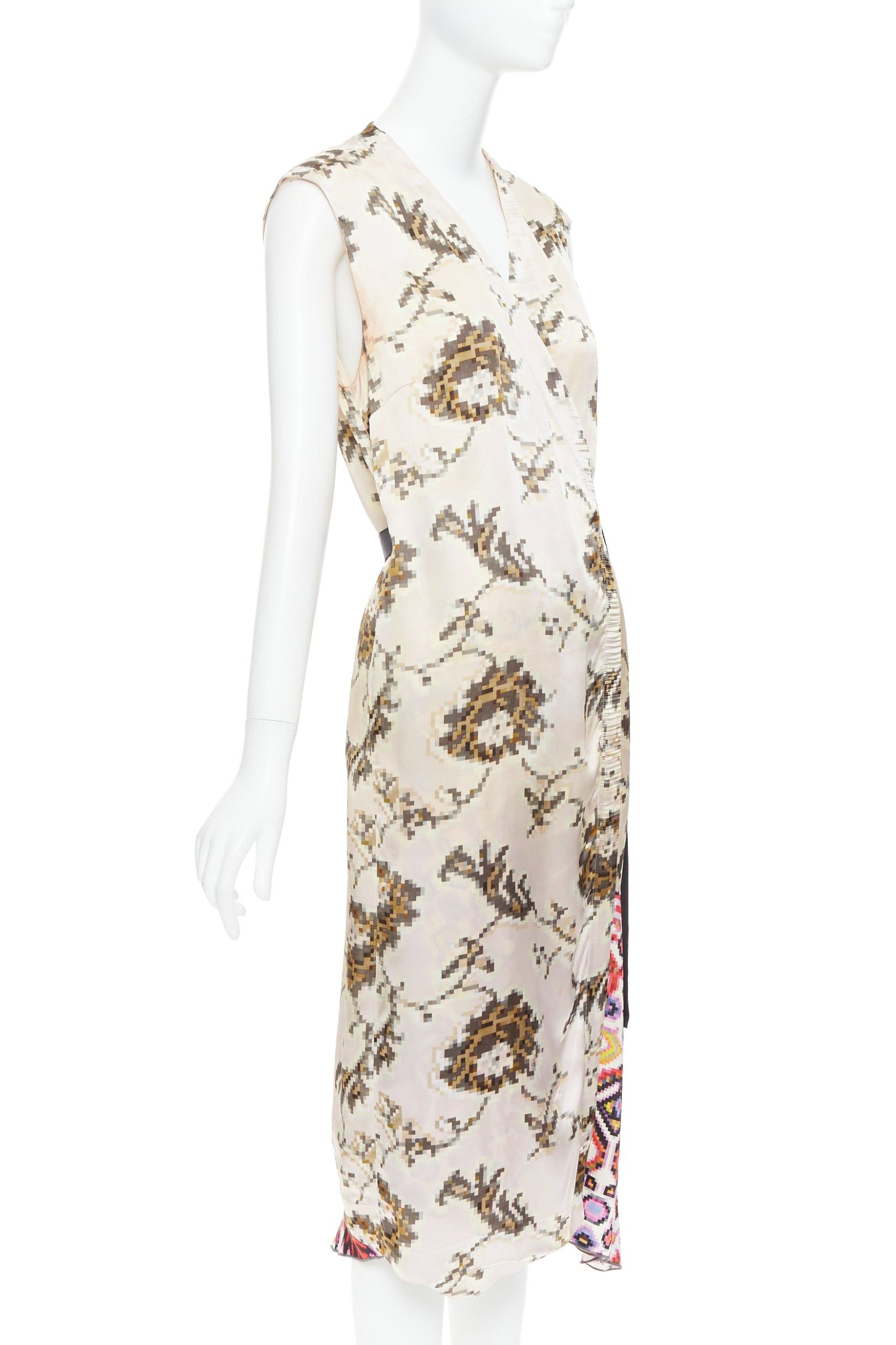 Dries Van Noten DRIES VAN NOTEN multicolor pixelated contrast print satin belted dress FR38 M Size M / US 6-8 / IT 42-44 - 3 Thumbnail