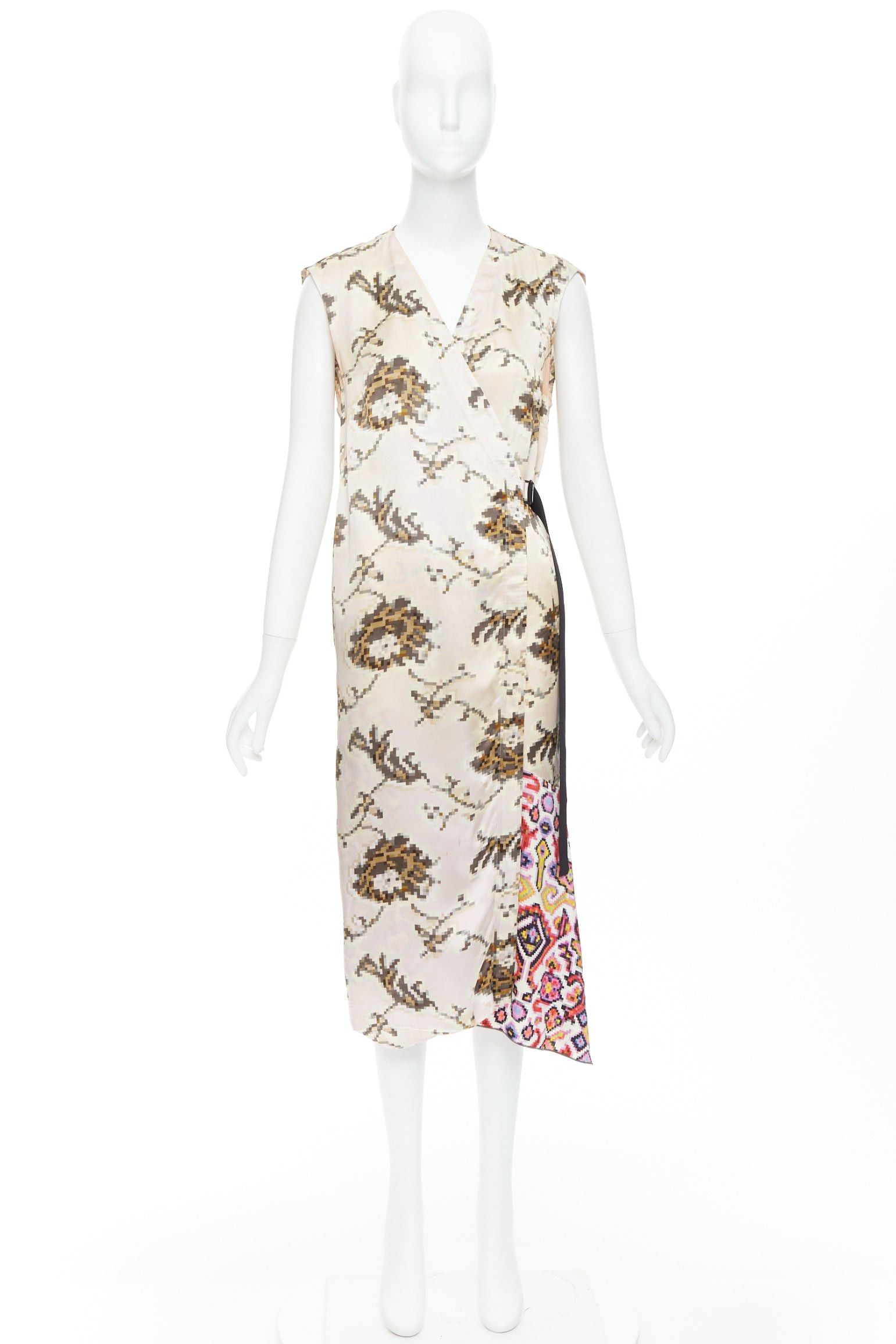 Dries Van Noten DRIES VAN NOTEN multicolor pixelated contrast print satin belted dress FR38 M Size M / US 6-8 / IT 42-44 - 9 Thumbnail
